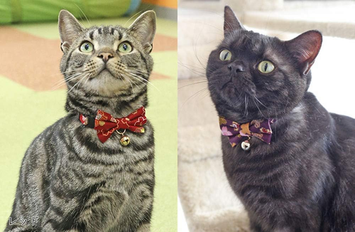 Petsokoo Double Bowtie Breakaway Cat Collar with Bell. Japan Colorful Sakura Kimono Style. 104% Cotton. Soft, Cute for Girl Male Adult Cats Collar,Purple image number 6