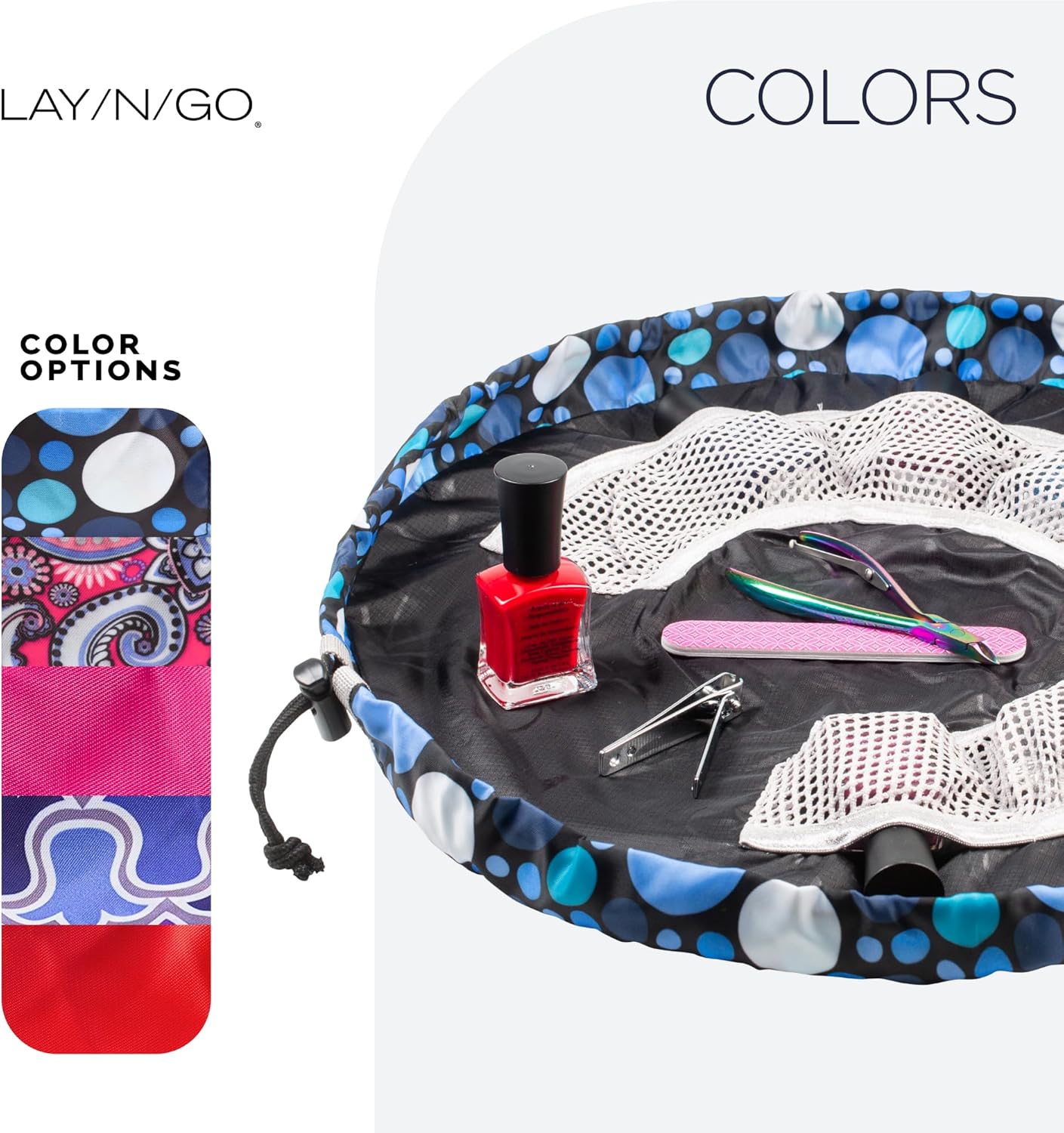 Lay-N-Go Nailspa Drawstring Cosmetic Bag - Portable Nail Supplies Organizer Bag W/ 8 Elastic Mesh Pockets & Circular Center - Durable, Machine Washable Nail Kit Organizer, Dot Calm (Blue), 18 Inch image number 1