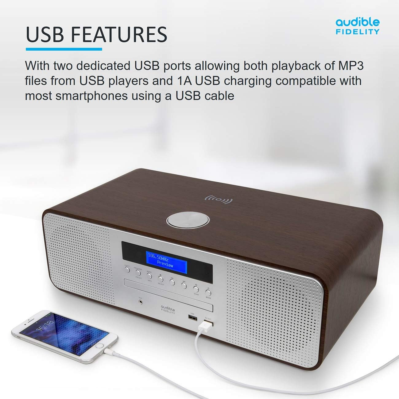 AUDIBLE FIDELITY Complete Hi-Fi DAB/DAB+ Stereo System CD Player with Speakers, Wireless Charging & USB Charging, Bluetooth, MP3 Playback, FM & Digital Radio with Remote Control image number 3