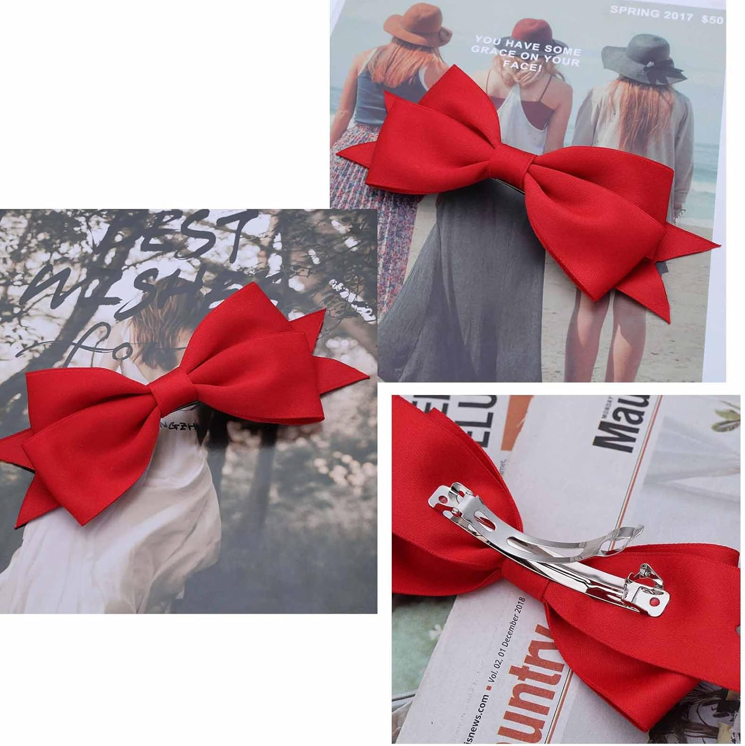 Red Hair Bows for Women Bow Hair Clips Silk Satin Bow Clips Cute Hair Bow Clips French Hair Band Bow Wedding Bow Hair Bow Barrette Bowknot Hair Accessories Pink White image number 2
