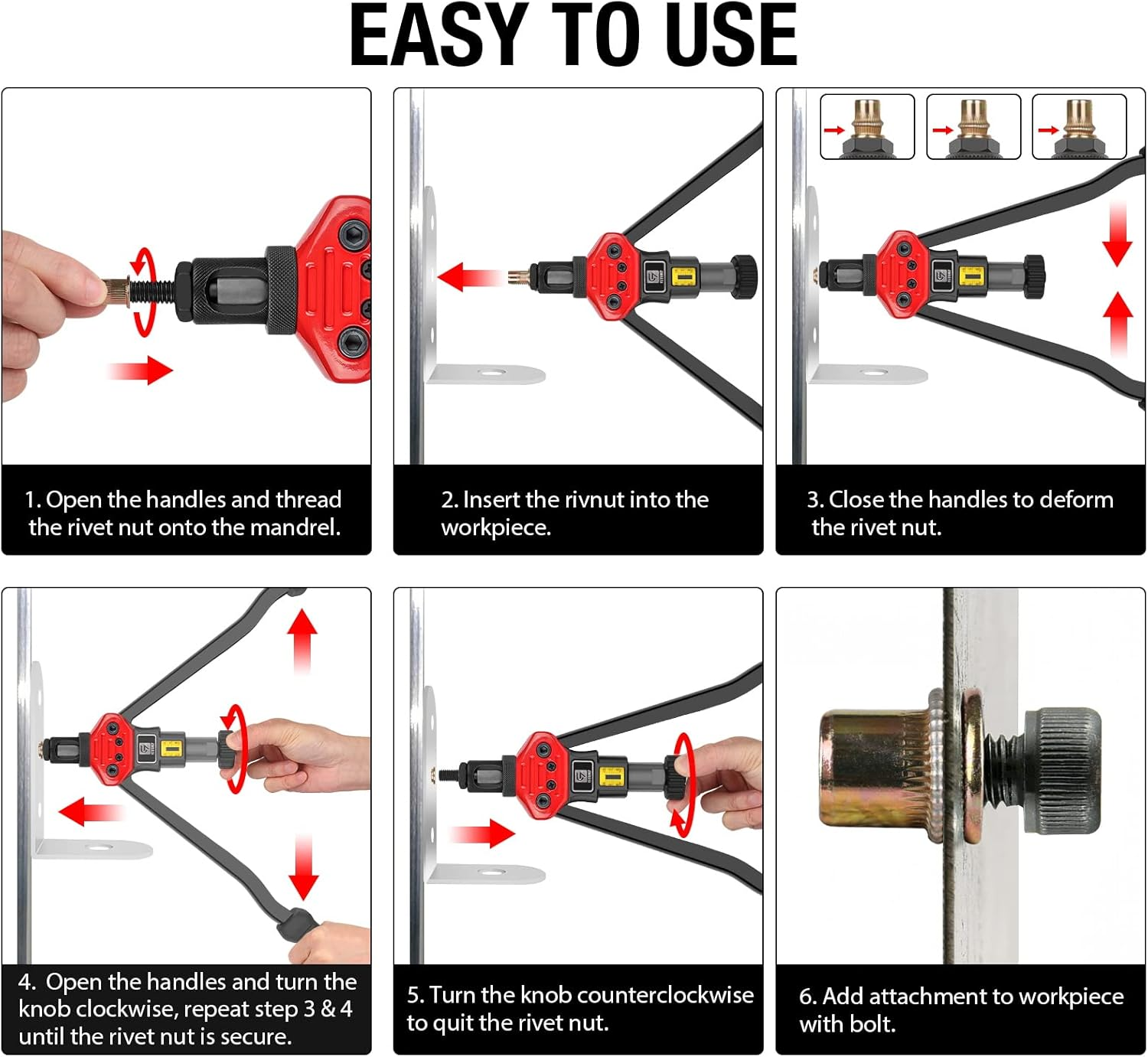 Giantisan 17" Rivet Nut Tool, Professional Rivet Nut Tool Setter Kit Including 11 Metric and SAE Mandrels, 110Pcs Assorted Rivet Nuts, Effortless Design, Rugged Carrying Case image number 3