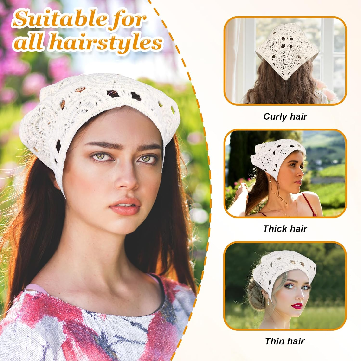 Fdclixuvol Women'S Handmade Crochet Headband Triangle, Boho Triangle Scarf Bandana, Hair Bands Retro Crochet Bandana Headband Hair Scarf Headscarf, Floral Design Lightweight Summer Look Turban Hair image number 3