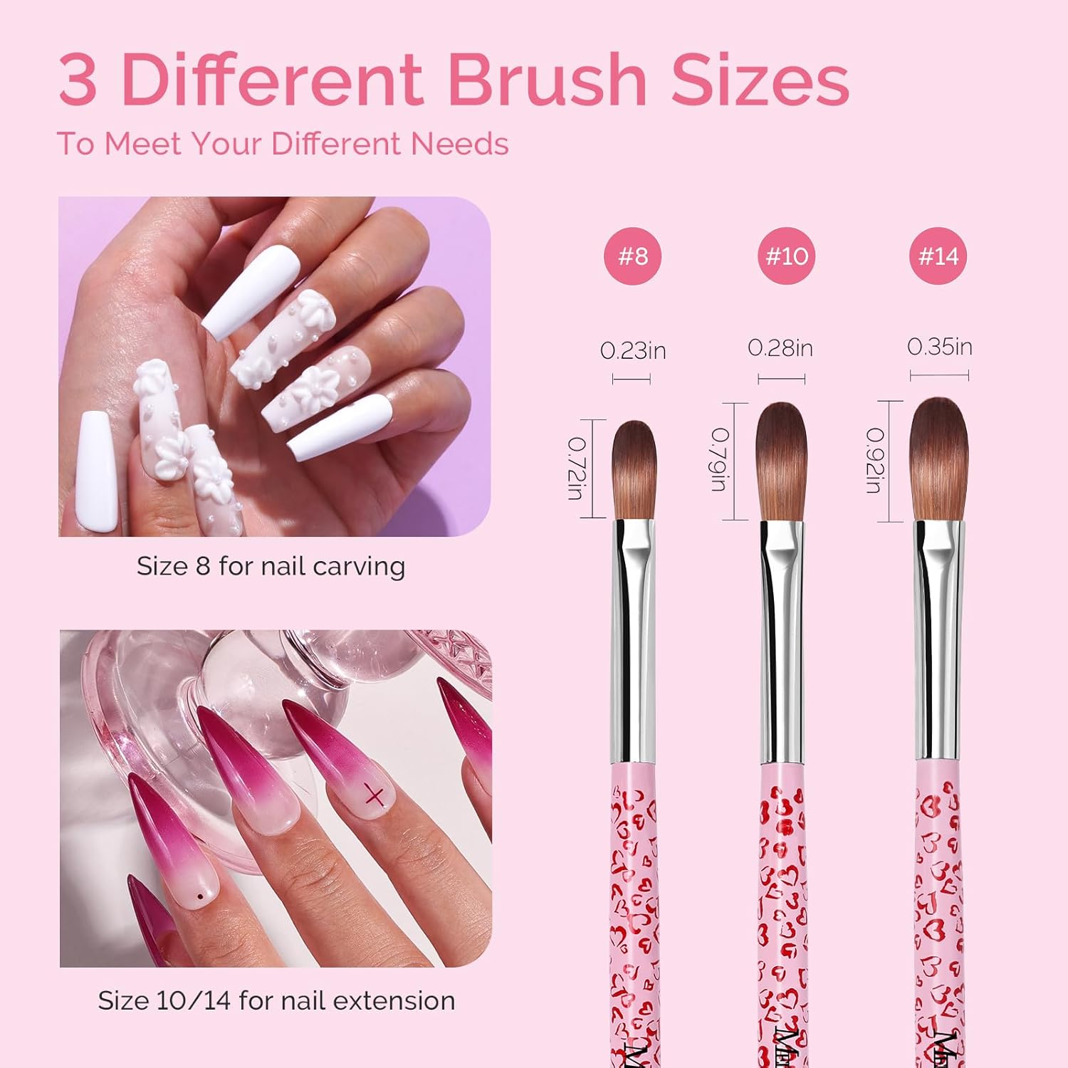 Melodysusie 3-Piece Acrylic Nail Brush Set - Sizes 8/10/14, Professional Nail Art Tool for Acrylic Application, Powder, Extension & 3D Carving - Pink image number 1