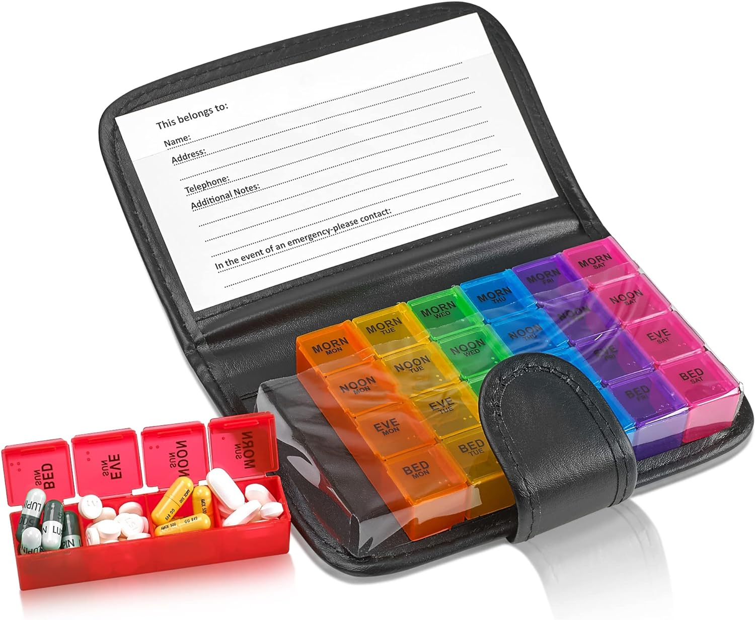 Weekly Travel Pill Organizer -  and Medication Wallet Pill Box Reminder, a Extra Large Pill Container Dispenser Case, Caddy Organizer, for 4 Times a Day, 7 Days a Week, 7.5 X 4.5 Inches image number 1