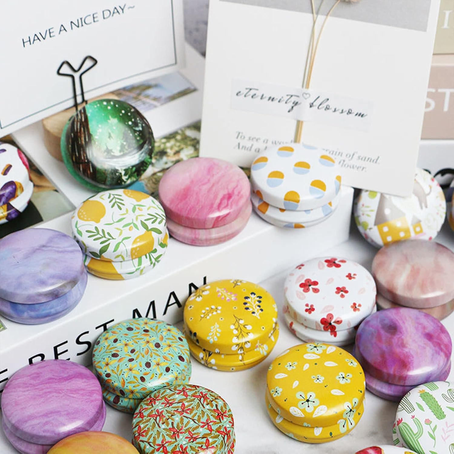 Rarapop 12 Pack Reusable Mini round Tinplate Candle Tin Jars with Lids, 20Ml Small Flower Travel Tin Cans Refillable Empty Container Bottle for Lip Balm, Salve, Eye Shadow, Powder image number 4