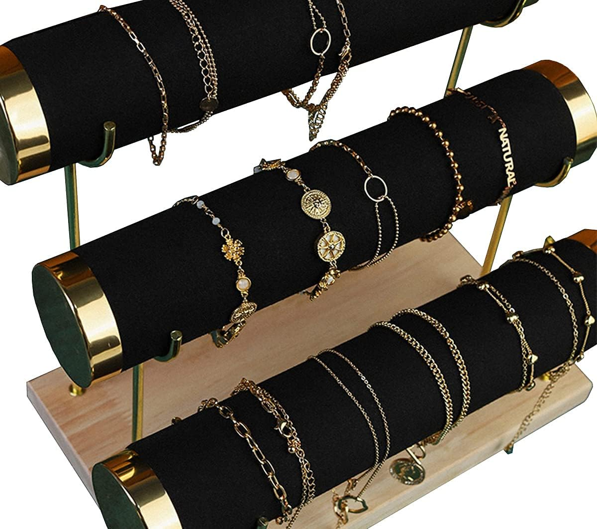 Jewelry Towers with Three Tier Racks, Detachable Black Velvet Gilt-Edging Bracelet Display Stand - Green image number 5