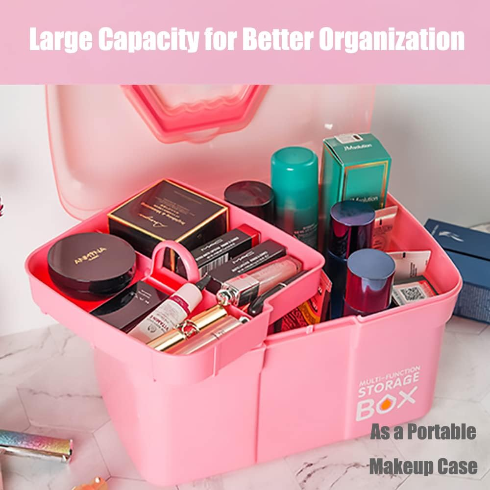 FOREVERIE Clear Plastic Medium Sewing Box Organiser with a Removable Tray, Arts & Crafts Supplies Storage Box, Portable Handled Makeup Box, Multipurpose Plastic Storage Containers (Pink) image number 3