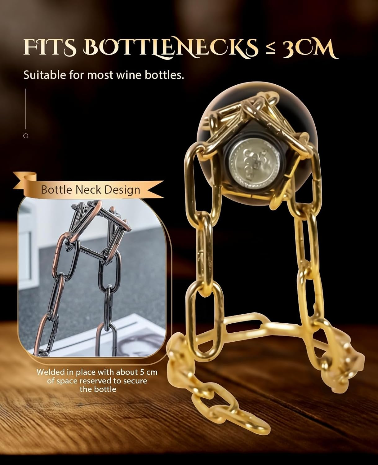 BRARIOS Creative Decor Desktop Wine Rack Chain Design No Assembly Required 20Cm Wine Bottle Rack for Home Bar Study Dining Room Decoration (Bronze) image number 6