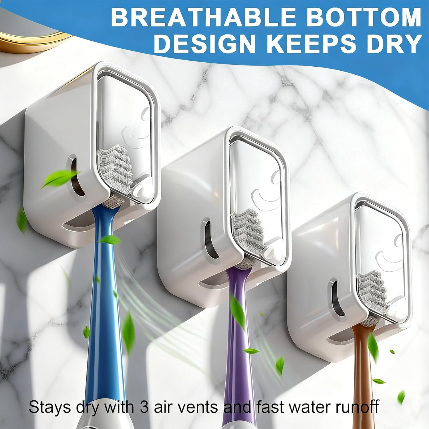 Toothbrush Holders for Bathroom - 3 Pack, Single Slot Space-Saving Design, Wall Mounted with Cover for Shower, Single Tooth Brush Holder Dispenser Storage Organizer for Family & Travel image number 3