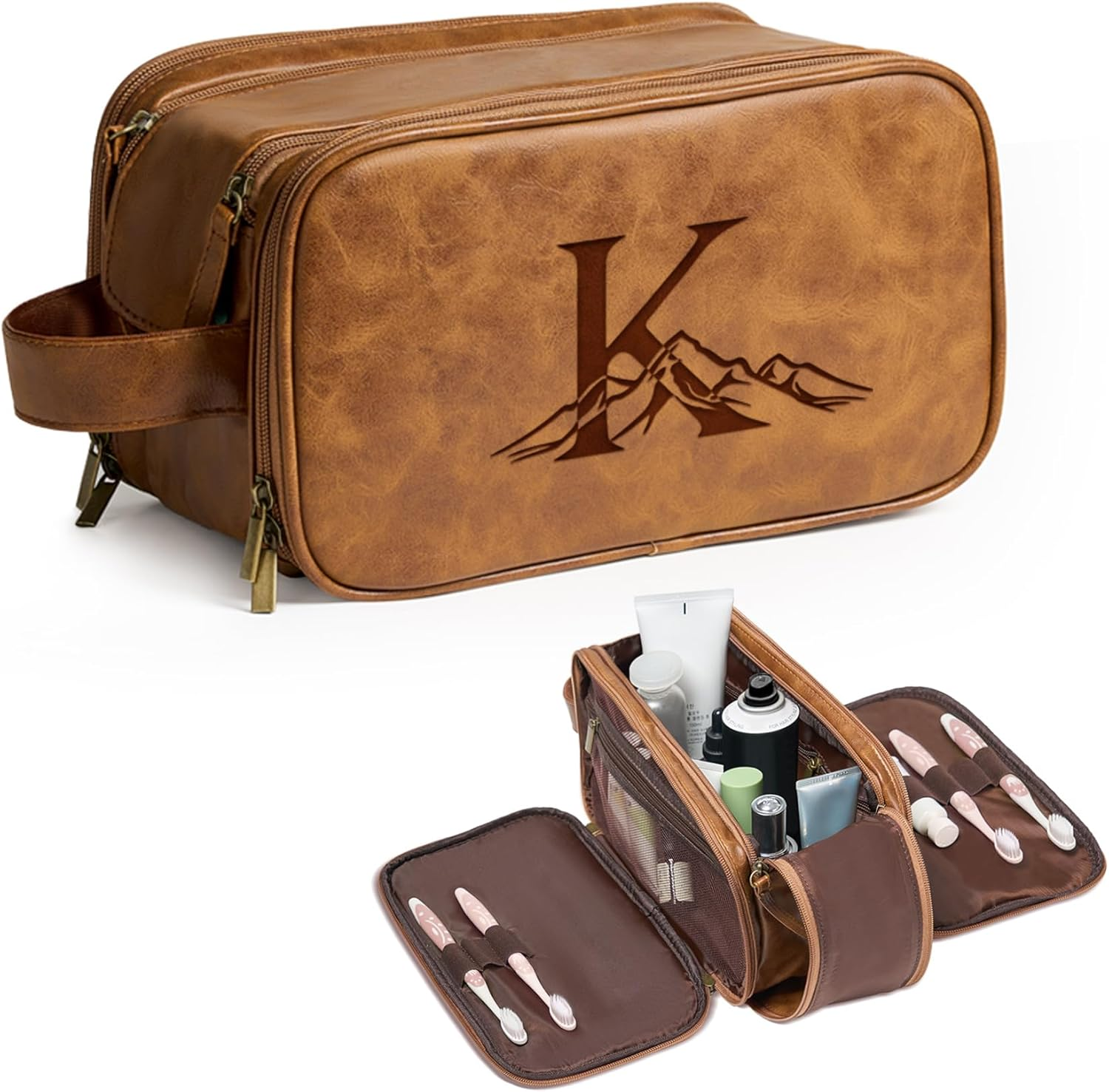 Janhavi Toiletry Bag for Men Waterproof, Groomsmen Gifts Personalized Leather Engraved Initials & Mountain, Mens Toiletry Travel Bag, Anniversary Gifts for Men, Travel Tssentials, Brown, M