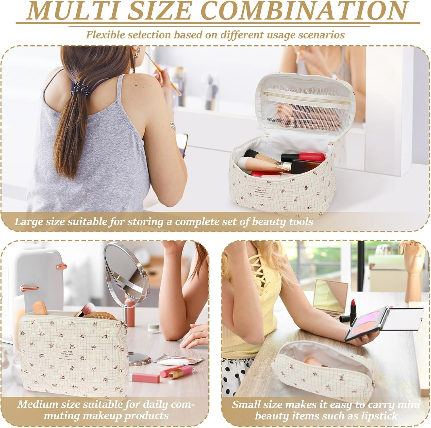 Rdjeokf 3 Pcs Makeup Bag, Large Portable Cotton Toiletry Pouch Tote, Cute Aesthetic Travel Cosmetic Bag, Cosmetic Organizer, Makeup Pouch for Women Girls, Ideal Mothers Day Gift (Style 1) image number 5