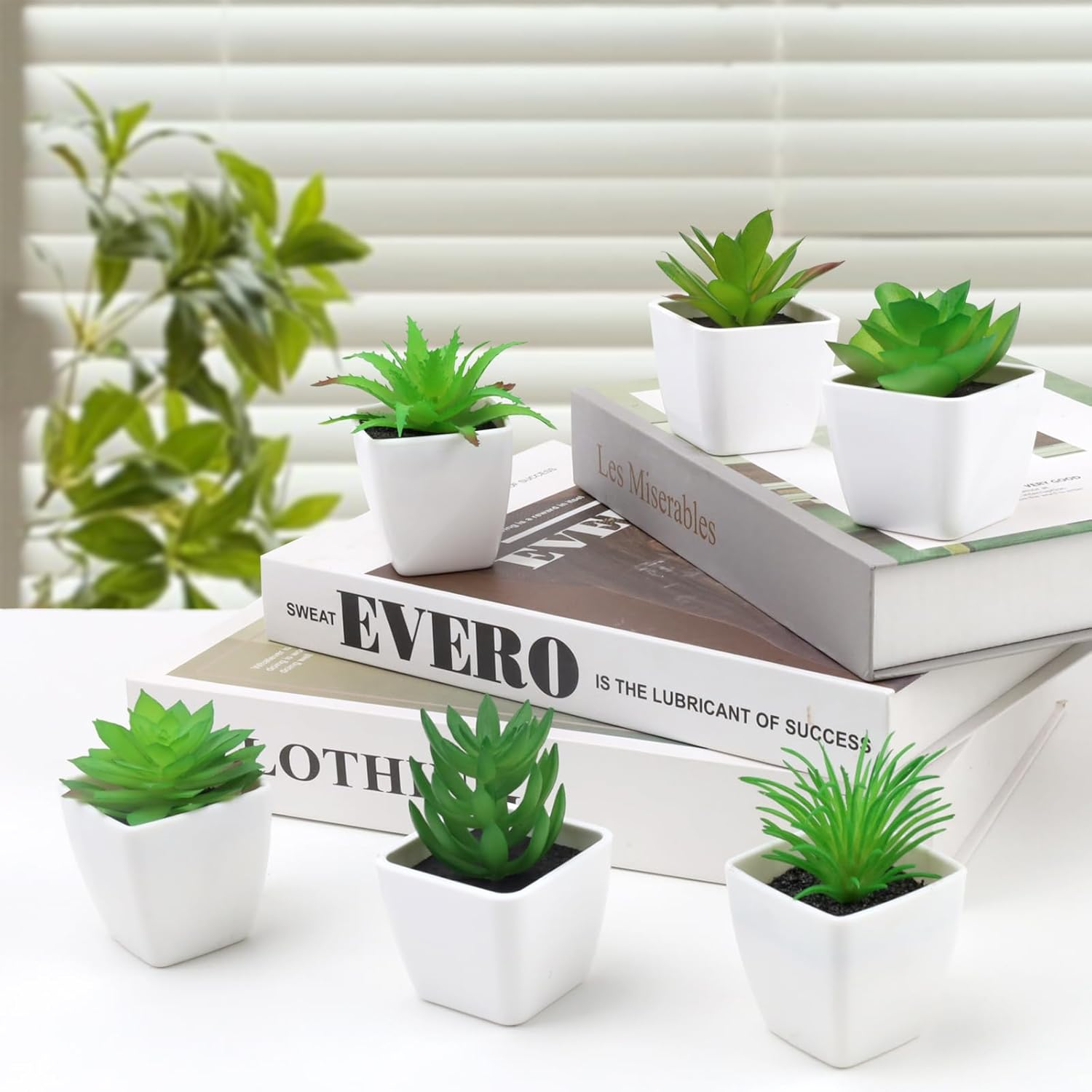 Gresorth 6 Pcs Artificial Succulents Plant Potted Decoration Fake Green Aloe Lotus Model Realistic Mini Bonsai Ornament Home Bathroom Bedroom Windowsills - A-6 Set image number 5