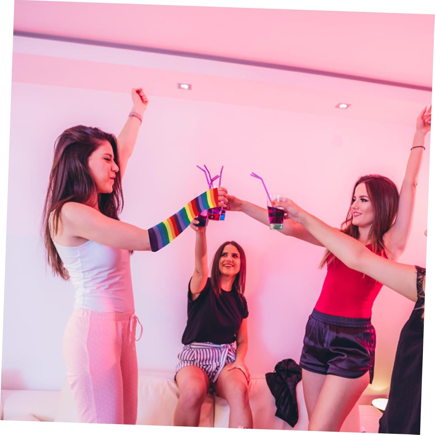 WRITWAA Long Gloves Rainbow Strips Warmer Fingerless Gloves for Women Girls Winter Festival Accessories Thermal Wear Women image number 6