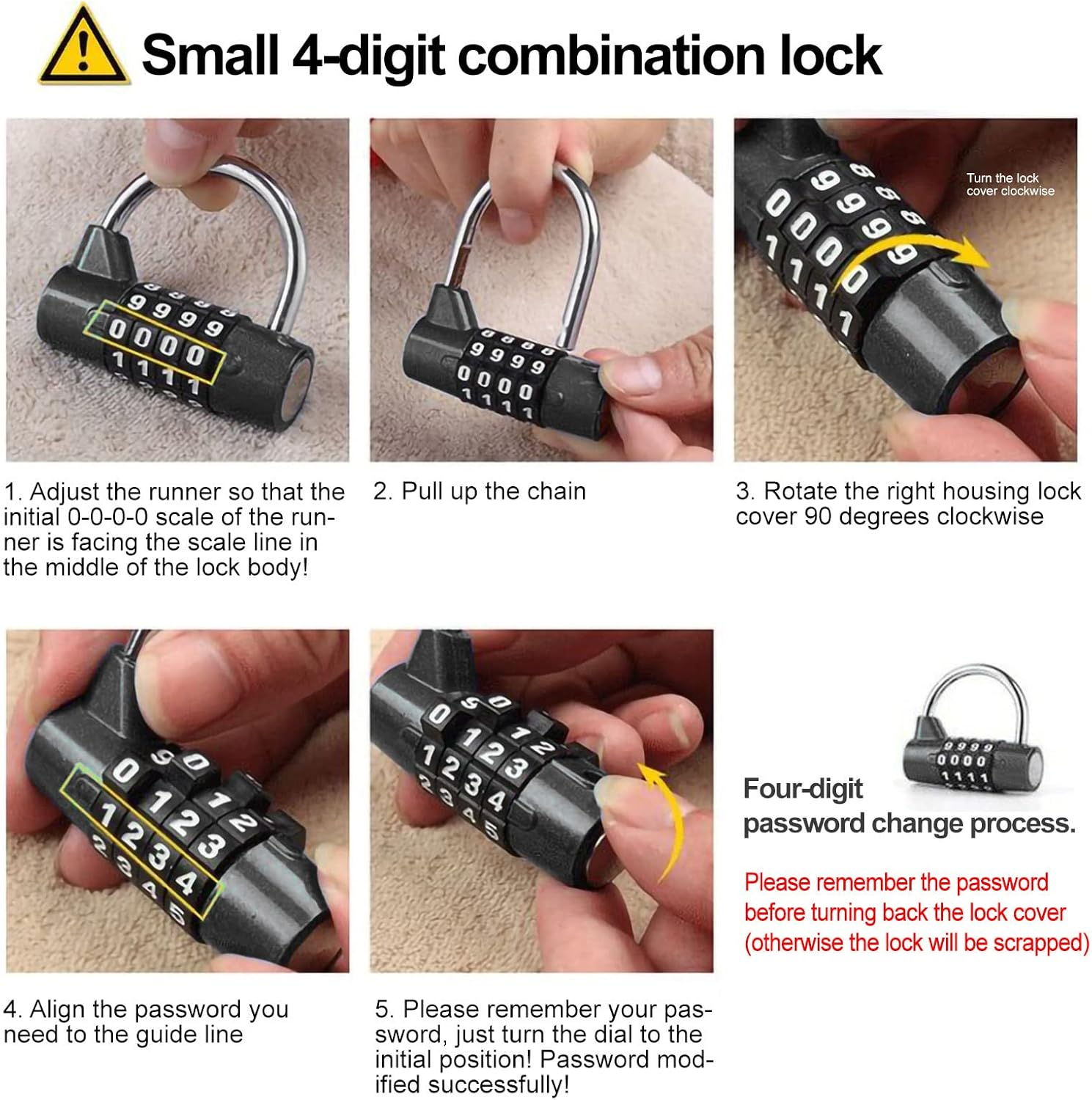 Padlock with 4 Digit Code Combination Travel Suitcase Gym Locker Security Password Lock Zinc Alloy (Black) image number 5