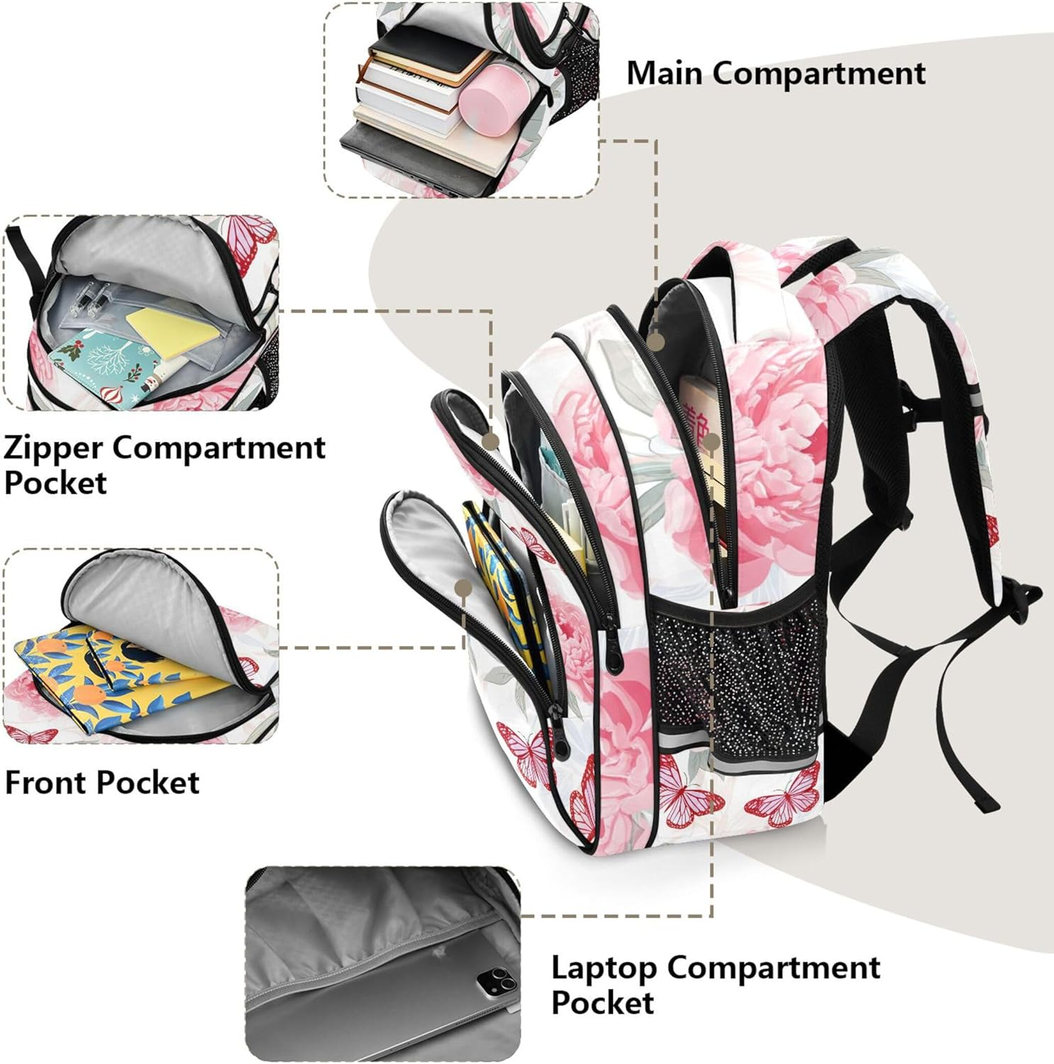 Soft Pink Peonies Butterfly White Kids Student Travel School Cute Floral Book Toddler Elementary Backpacks Animal image number 6