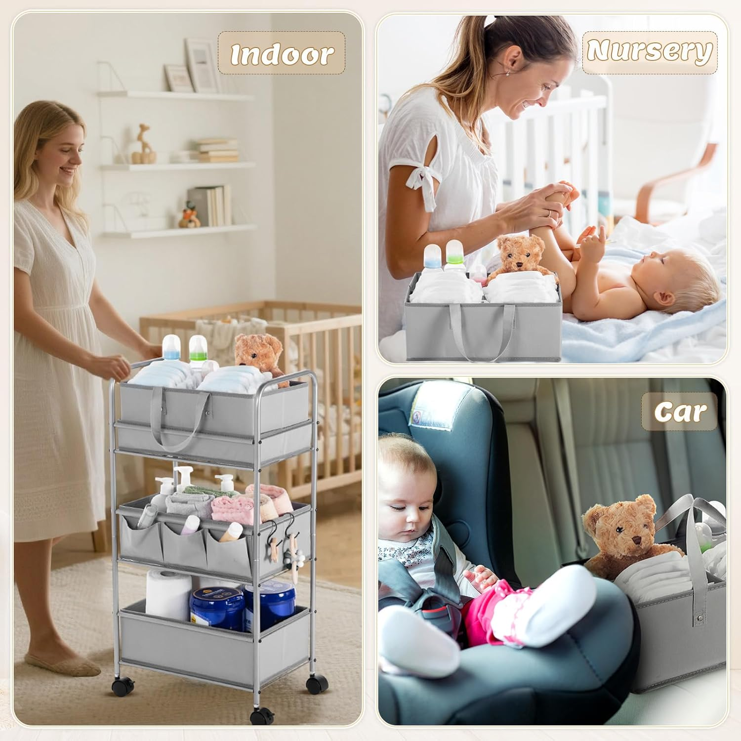 Honeydak 2In1 Baby Diaper Caddy Organizer Cart 3 Tier Large Capacity Metal Utility Bedside Rolling Cart with Divider for Newborn Nursery Essential Must Have for Crib Bedroom Baby Shower(Gray) image number 4