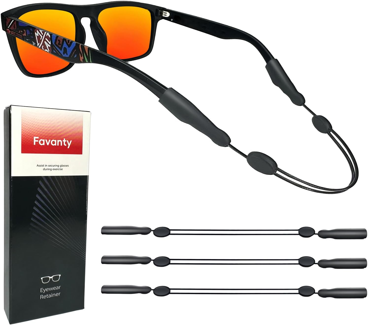Favanty Adjustable Glasses Strap for Sport, Anti-Slip Sunglasses Strap for Men Wowen Kids - 3 Pcs Black+Blue+Red image number 7