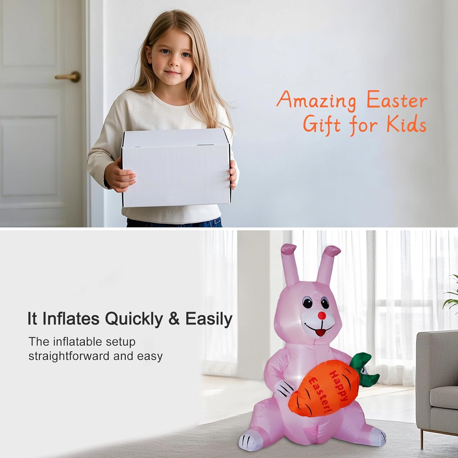 ONEIN 125CM Easter Bunny Inflatables Outdoor Decorations with Built-In LED Light, Blow up Sitting Rabbit Holds a Carrot for Yard Garden Lawn Decor