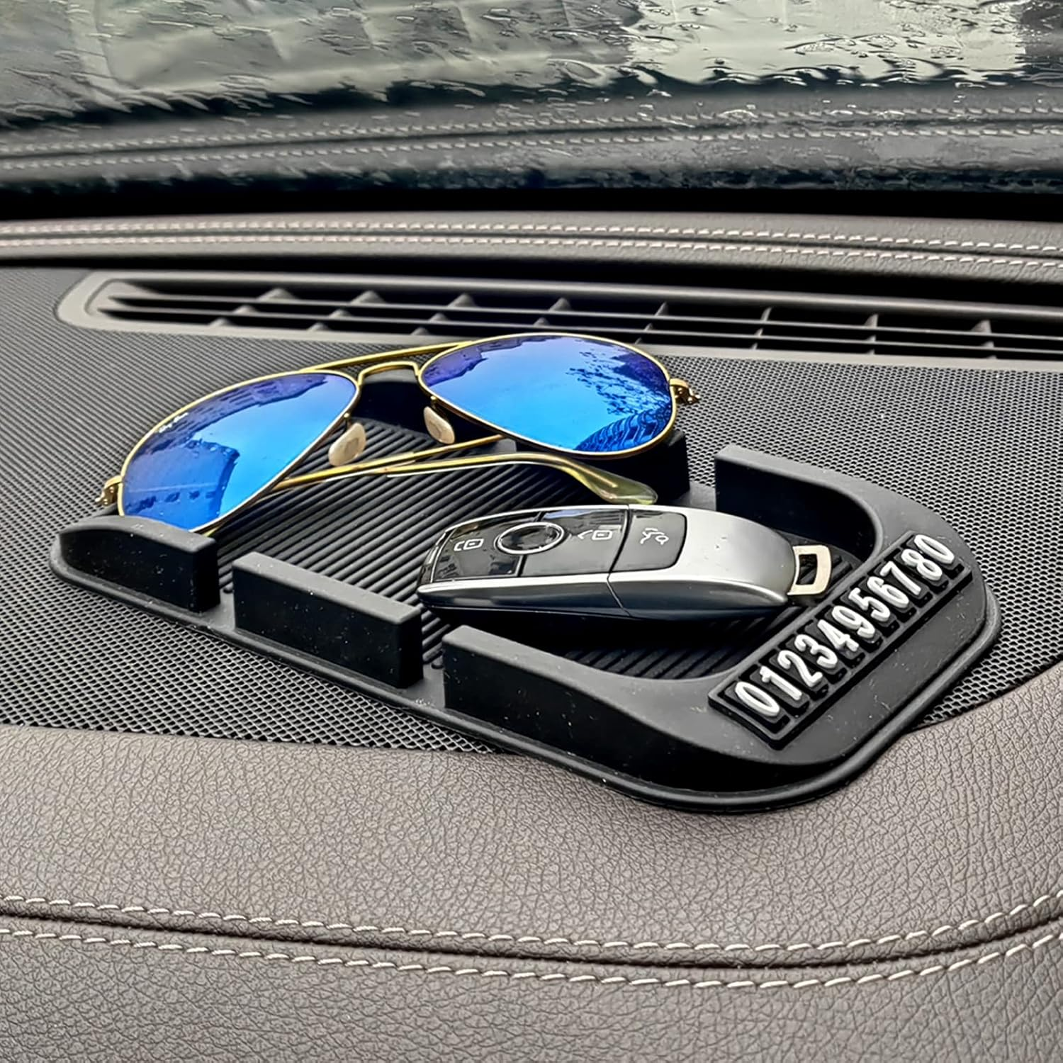 Car Dashboard Cell Phone Holder, Anti-Slip Pad Double-Groove with Number Plate Auto Silicon Tray, Silicone Car Pad Mat for Various Dashboards,Phone GPS Keychains Sunglasses Mat