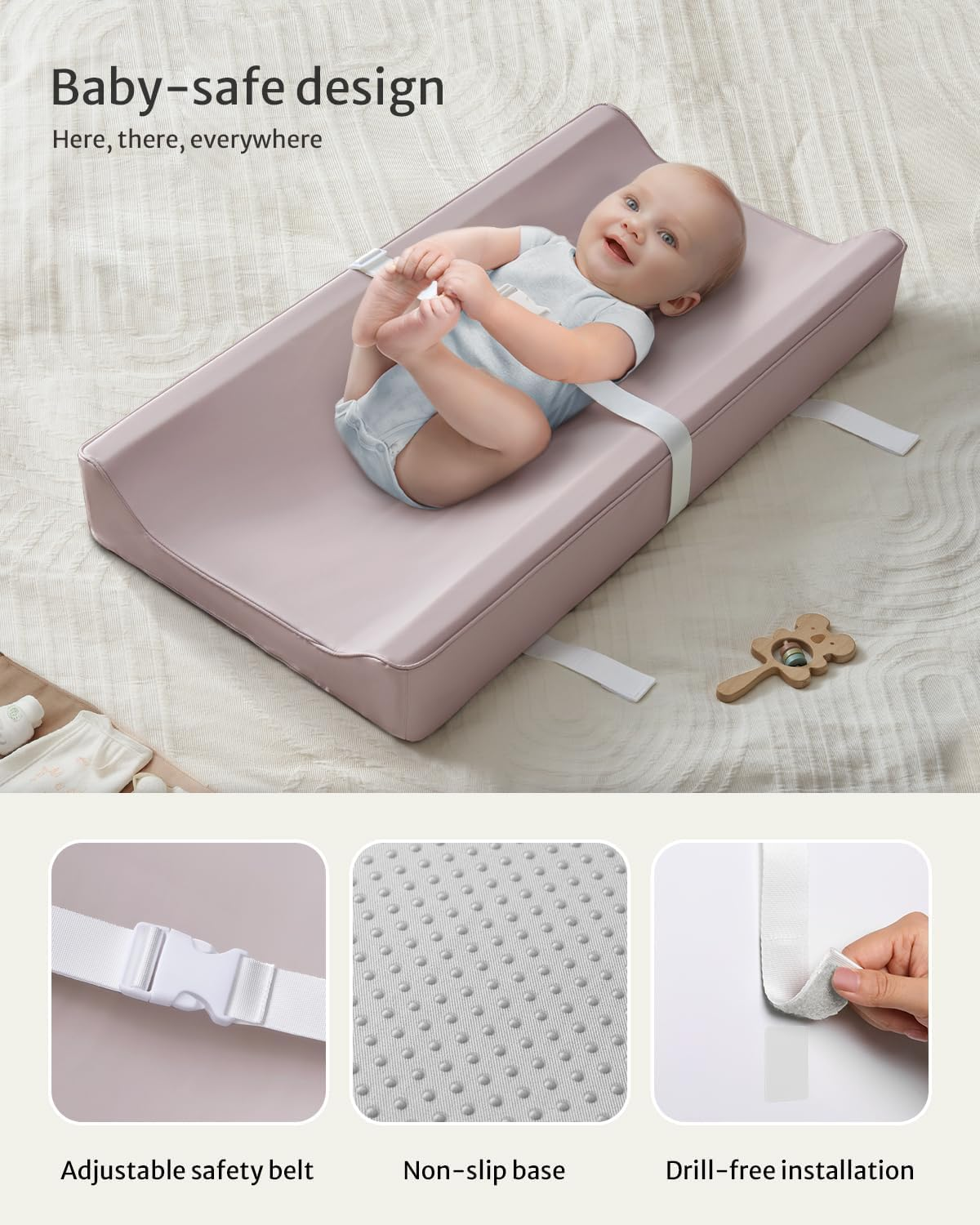 Yunking Vegan Leather Baby Changing Pad with Waterproof & Wipe-Clean PU Cover, Standard Size Cozy Baby Changing Table Pads for Dressers/Tables, Taupe image number 2
