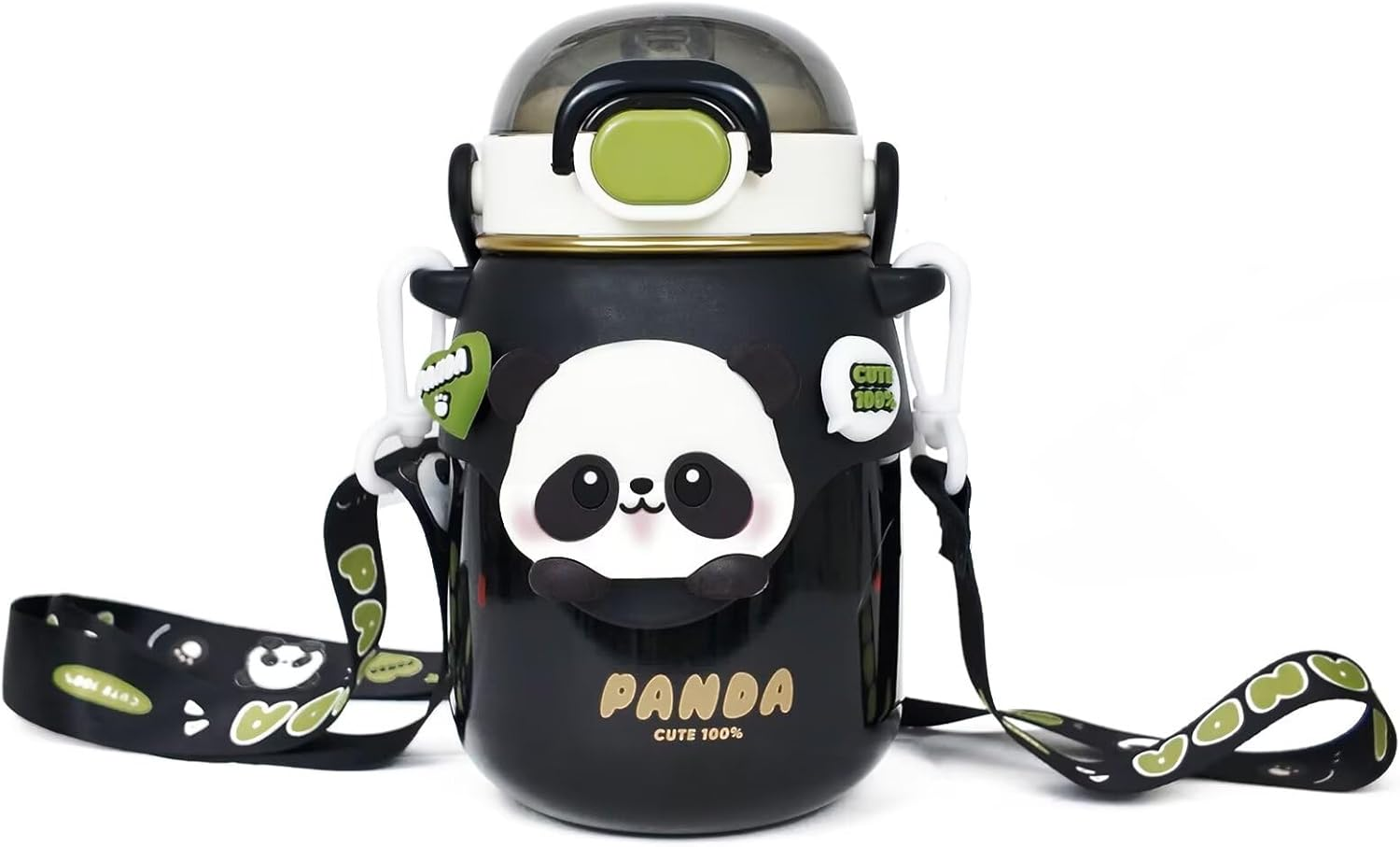 Landofgenie Insulated Stainless Steel Straw Water Bottle Cute Panda Shaped Cup Adjustable Strap Portable Handle Drinking Bottle for Gym, Hiking, School, Office, 24 Oz （Green）