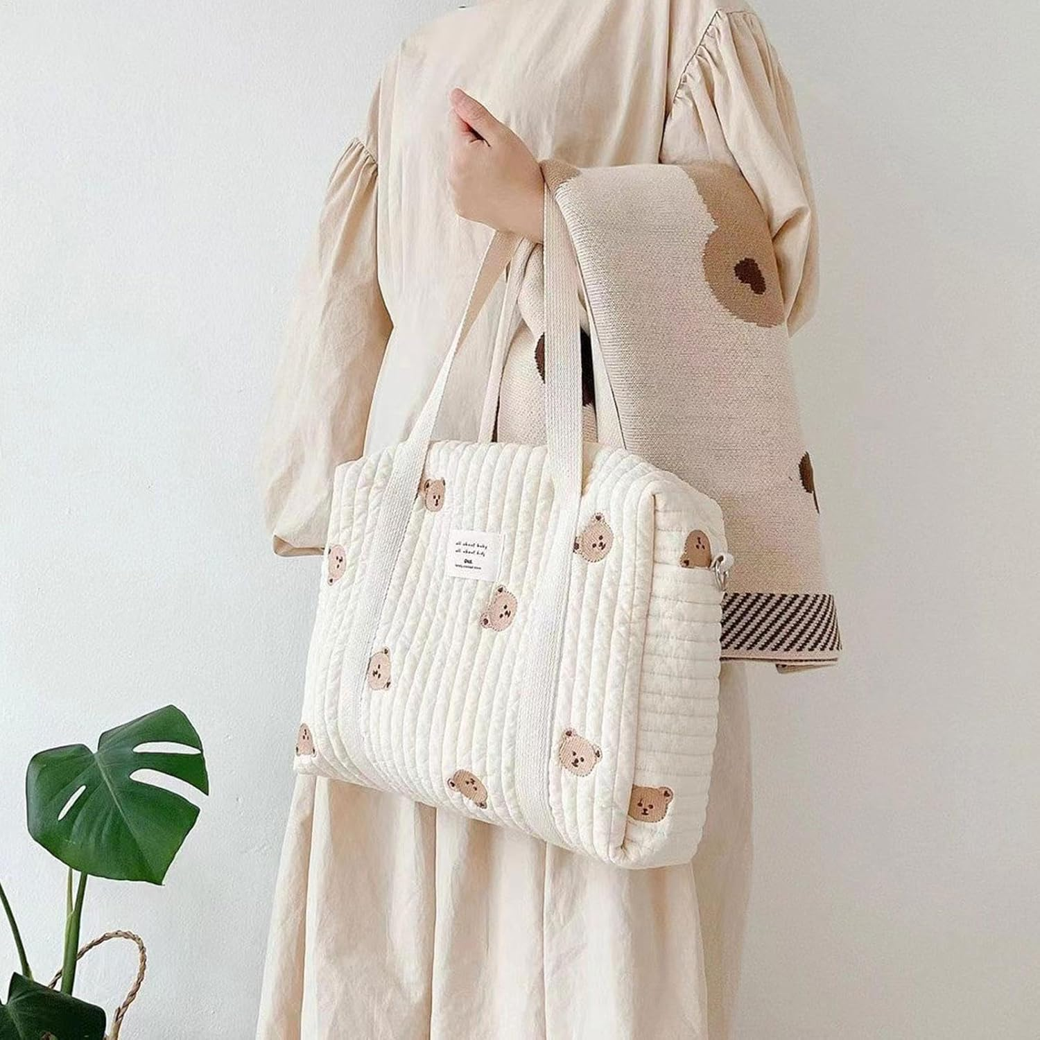 Baby Nappy Changing Tote Bag, Embroidery Baby Nappy Changing Tote Bag,Stylish Large Capacity Cotton Baby Changing Bag, Fashion Portable Quilted Cotton Bag for Weekend Vacation image number 1