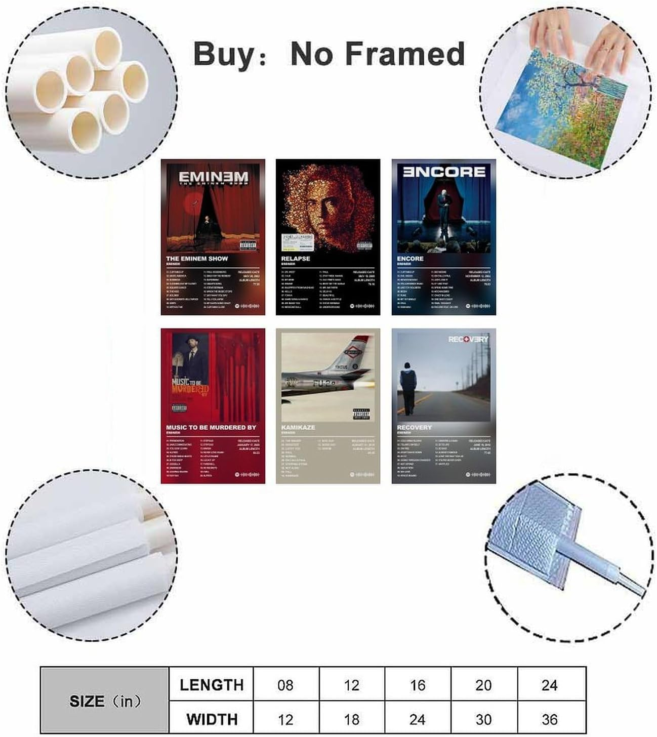Eminem Poster Rapper Music Album Poster a Set of 6 Canvas Posters Room Aesthetic Festival Gift Family Bedroom Decor Wall Art Home08X12Inch(20X30Cm) Unframe-Recovery Kamikaze Encore Relapse Eminem Pos image number 1