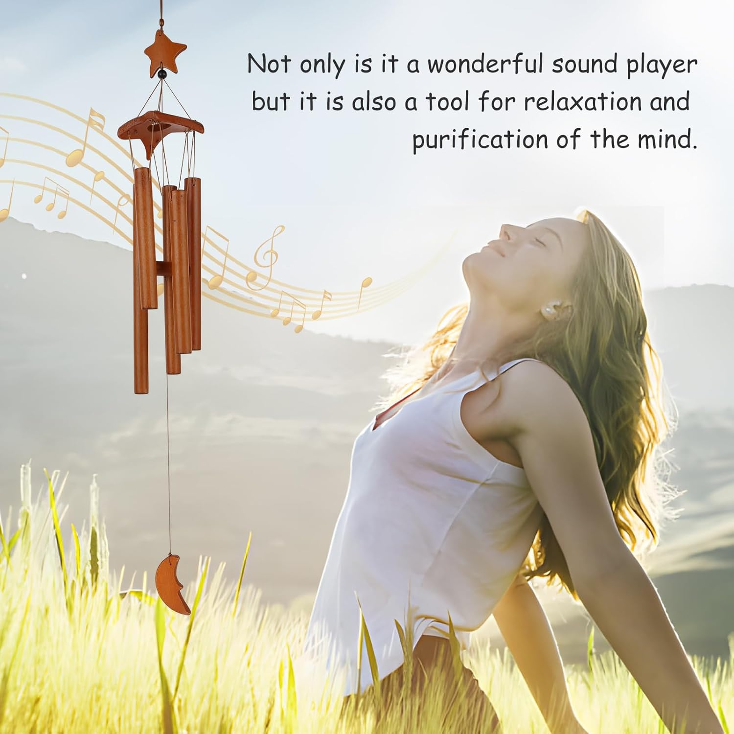 Bamboo Wind Chime, 70 Cm Wooden Wind Chime, Garden, Star Moon Wind Chime with 5 Matching Tubes, Wind Chimes for Outdoor Hanging, for Garden, Yard, Patio and Home Decoration image number 3