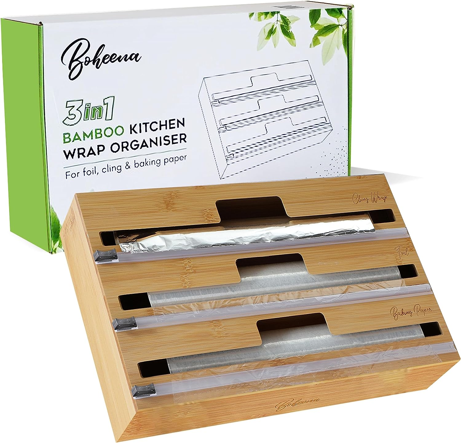 Bamboo Cling Wrap Dispenser with Cutter 33Cm | 3-In-1 Foil and Wrap Organiser for Kitchen Drawer | Glad Wrap and Foil Storage Solution| Australian Sizes| image number 4