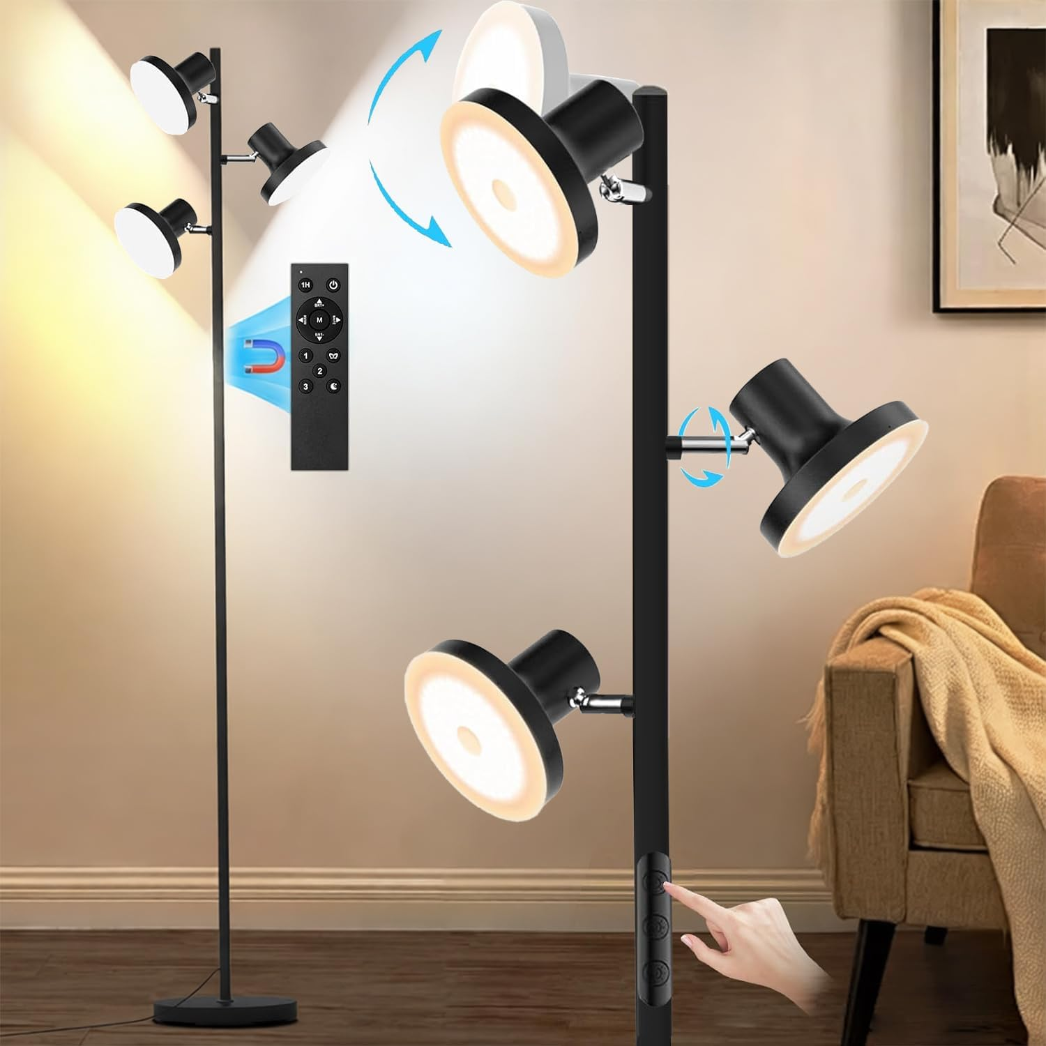 LED Floor Lamp 2700K-6500K Dimmable Standing Lamp with 3 Rotatable Lights & Timer Tall Lamp Morden Living Room Lamp for Bedroom Office Reading image number 3