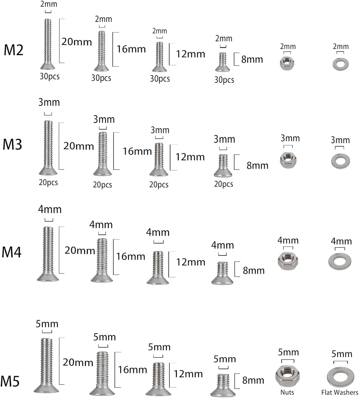 Cseao 940 Pieces M2 M3 M4 M5 Countersunk Head Socket Cap Metric Screws Bolts Washers Nuts Hardware Assortment Kit with Hex Wrenches, 304 Stainless Steel, DIN7991 image number 5