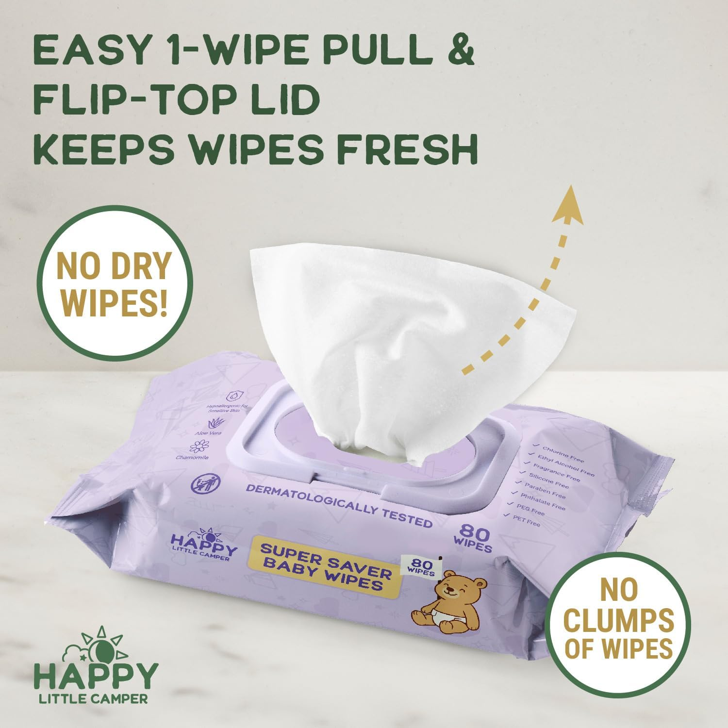 Happy Little Camper Super Saver Baby Wet Wipes, 240 Count (3 Packs of 80 Wipes), 99% Water, Totally Chlorine Free Baby Wipes Suitable for Sensitive Skin image number 2