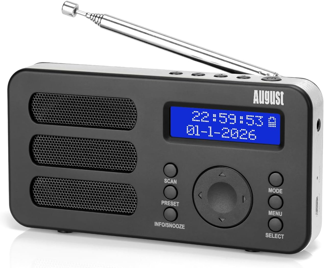 August MB225 Portable DAB Radio DAB/DAB +/FM - RDS Function, 40 Presets, Stereo/Mono Portable Digital Radio, Dual Alarm, Rechargeable Battery, Headphone Jack (Black)
