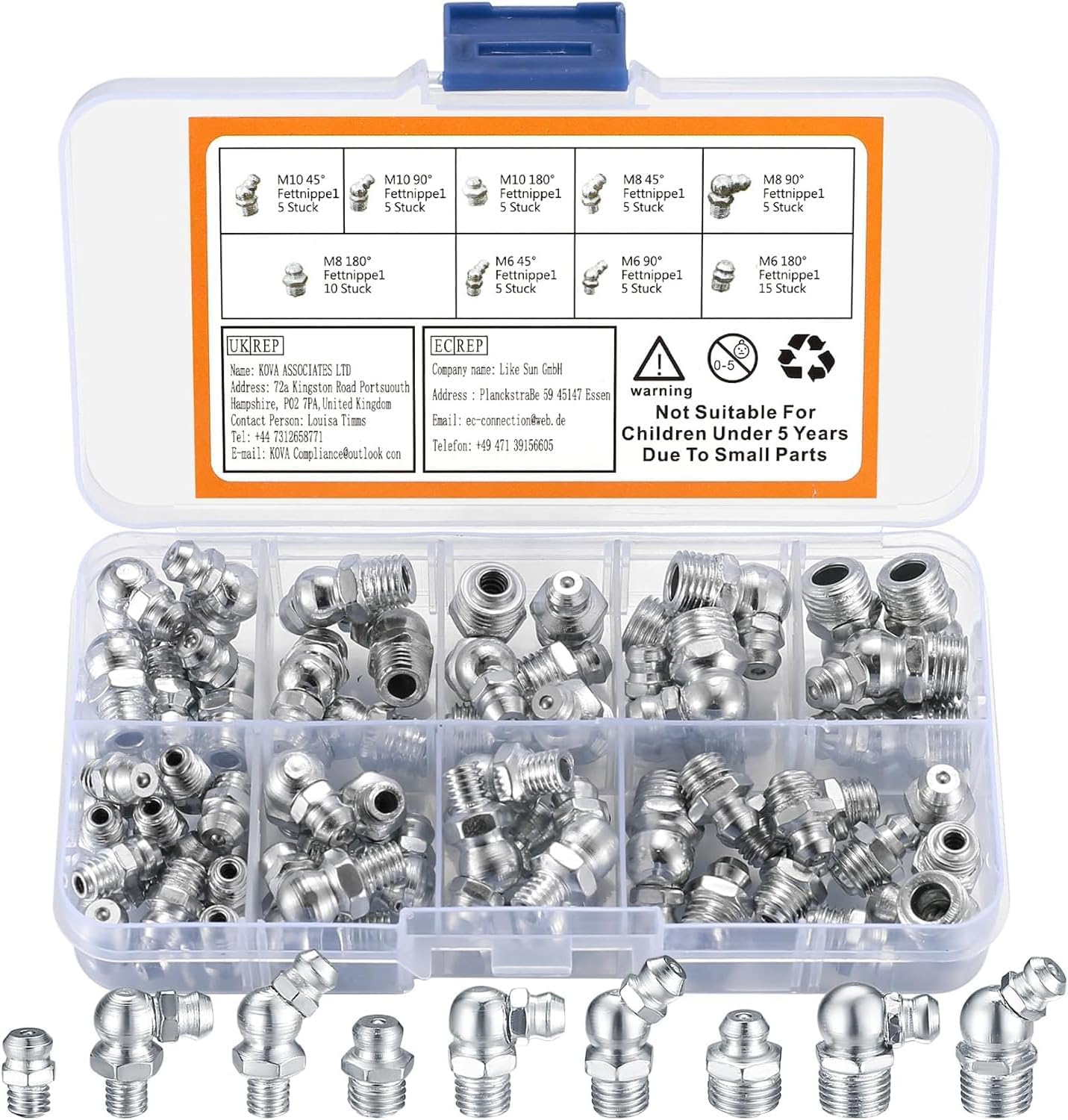 Metric Grease Fittings Kit, 60 Pcs Hydraulic Grease Zerk Assortment Kit, 45 90 Degree Grease Gun Fittings, M6 M8 M10 Straight and Angled Grease Zerk Kit for Grease Guns Mechanical Lubrication image number 5