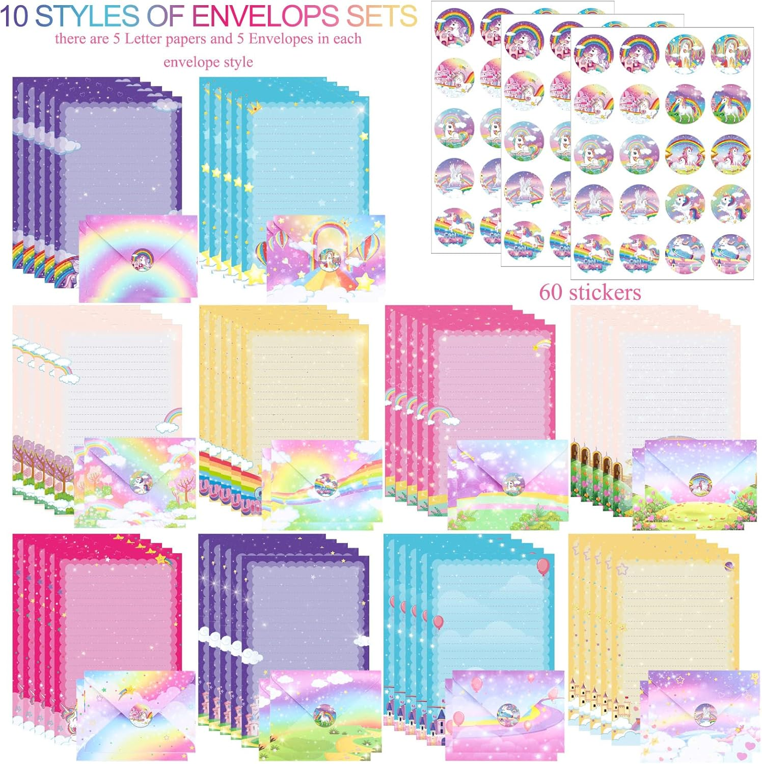 Taobary 160 Packs Mini Rainbow Unicorn Stationery Paper Set 50 Double Sided Stationery Writing Papers Matching Envelopes and 60 Unicorn round Dot Stickers, 5.5 X 8.25 Inch, 10 Designs image number 6