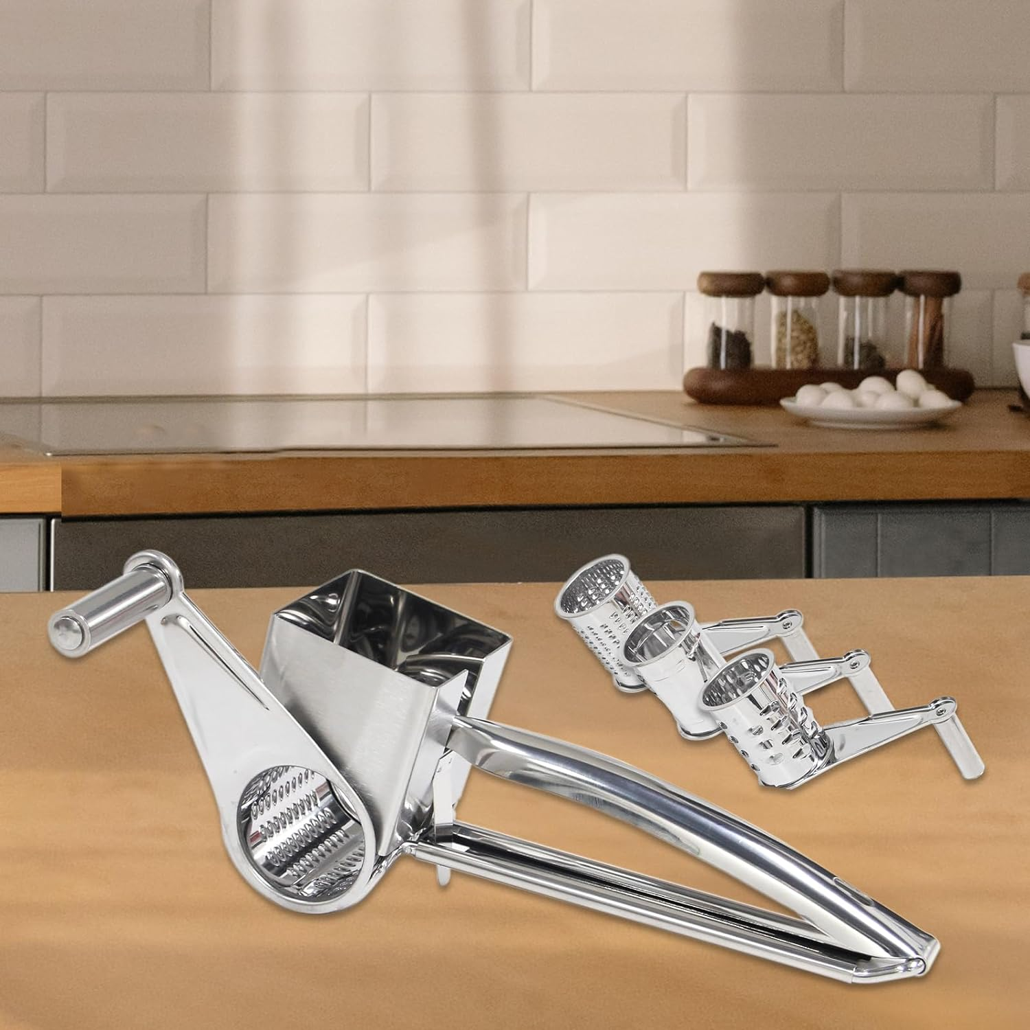 Manual Rotary Cheese Grater with Handle with 4 Interchangeable Sharp Drum Blades Stainless Steel Handheld Cheese Shredder Easy to Clean and Use for Cheese Vegetable Chocolate Walnut Nuts image number 5