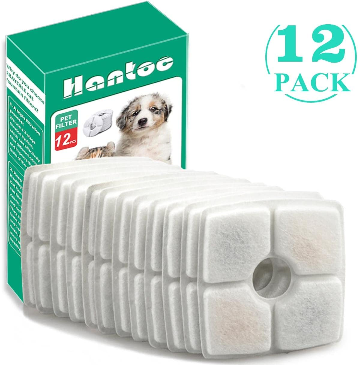 12 Packs Cat Water Fountain Filters, Hantoc Replacement Pet Water Fountain Filters 2.4L for Flower Fountains Replacement Filters with Resin and Active Carbon for Drinking Fountains for Cats and Dogs image number 1