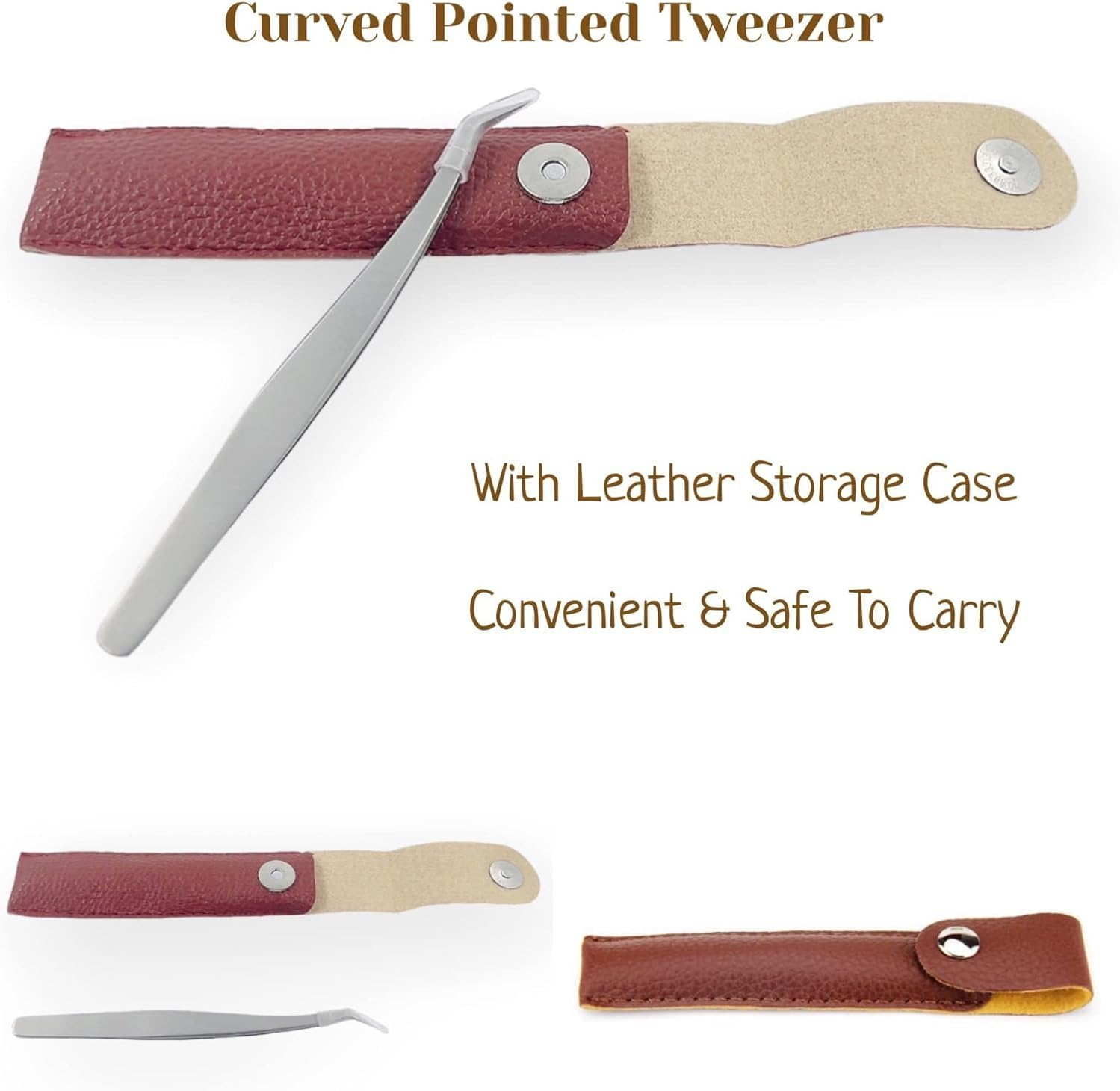 2-Pack Curved Pointed Tip Tweezers Eyelash Extensions Tweezers, Comes with a Leather Storage Case, Stainless Steel Tweezers image number 1