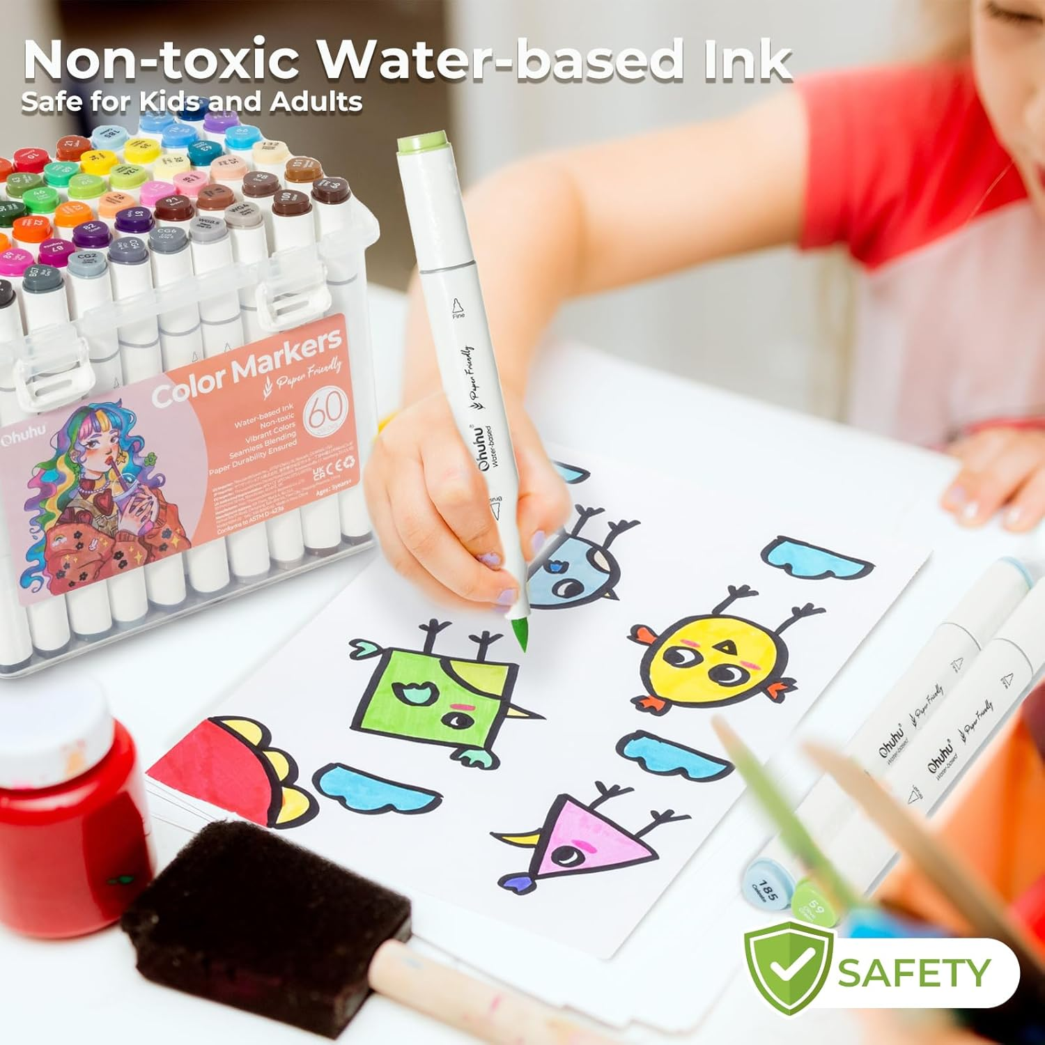 Ohuhu Markers for Adult Coloring Books: 60 Colors Water-Based Art Markers Paper Friendly Dual Brush Fine Tips Drawing Pens Coloring Markers for Kids Adults Calligraphy Sketching Bullet Journal image number 2