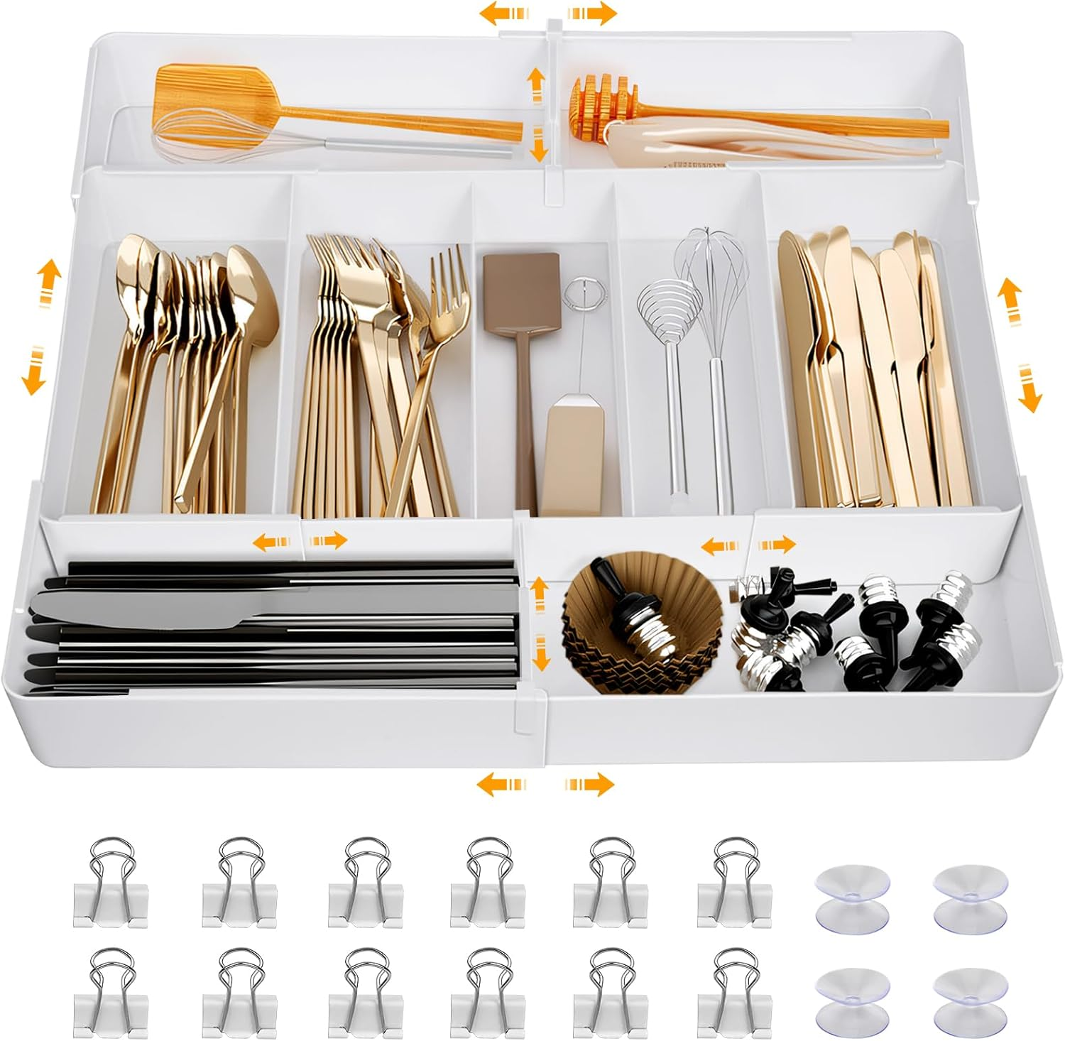 Cutlery Drawer Organiser, Expandable(10.6"-20") Utensil Drawer Organiser, Kitchen Drawer Organizer with 9 Compartments and Non-Slip Base, 4-Way Adjustable Cutlery Tray Organizer for Spoons Forks image number 2
