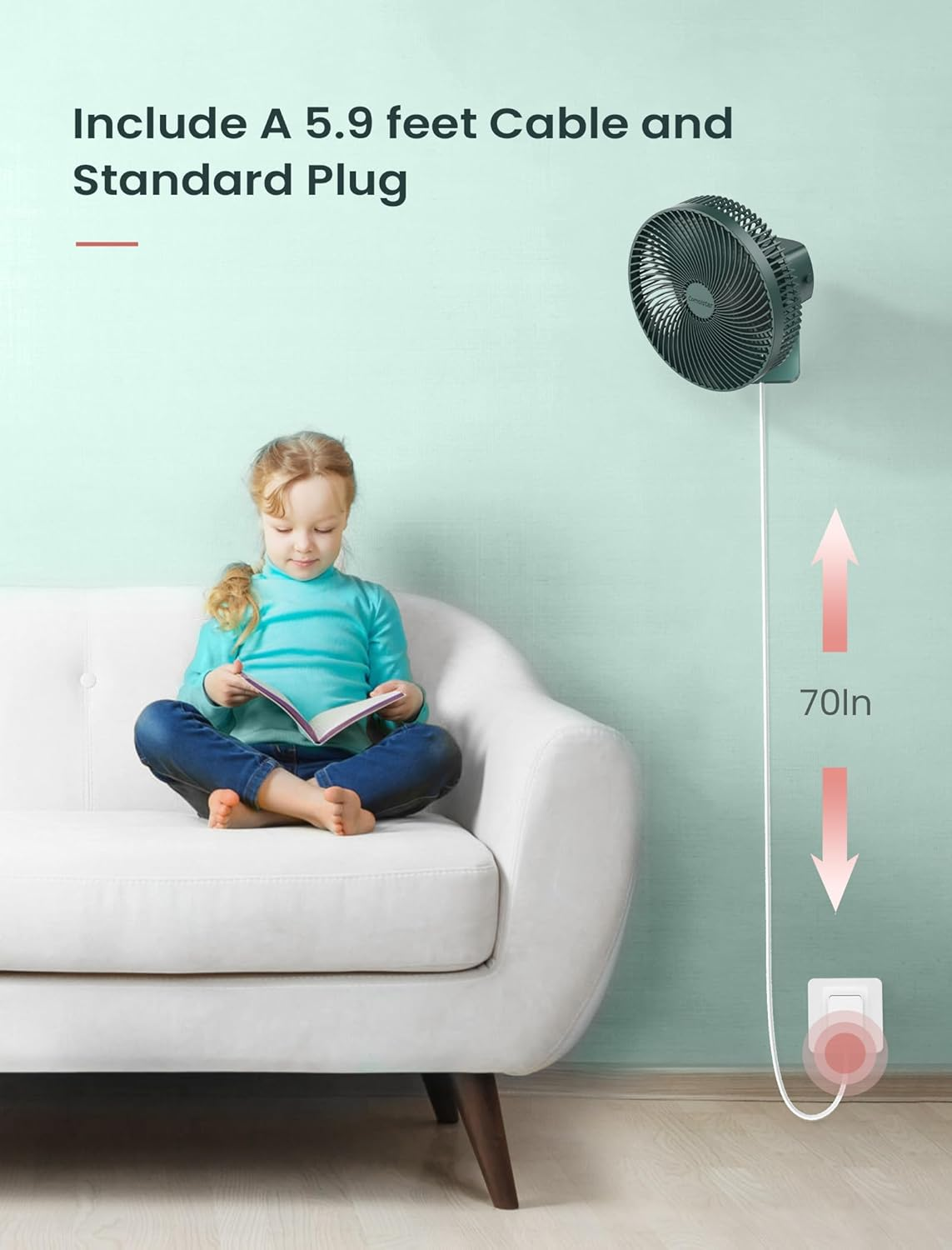 Wall Mount 10 Inch Fan with Remote and Timer, Small Oscillating Wall Fan, Powerful 4 Speeds, 90&deg;Oscillation, 120&deg;Adjustable Tilt,5.92Ft Cable, Quiet Bedroom Fan, for RV,AC/DC Adapter image number 2