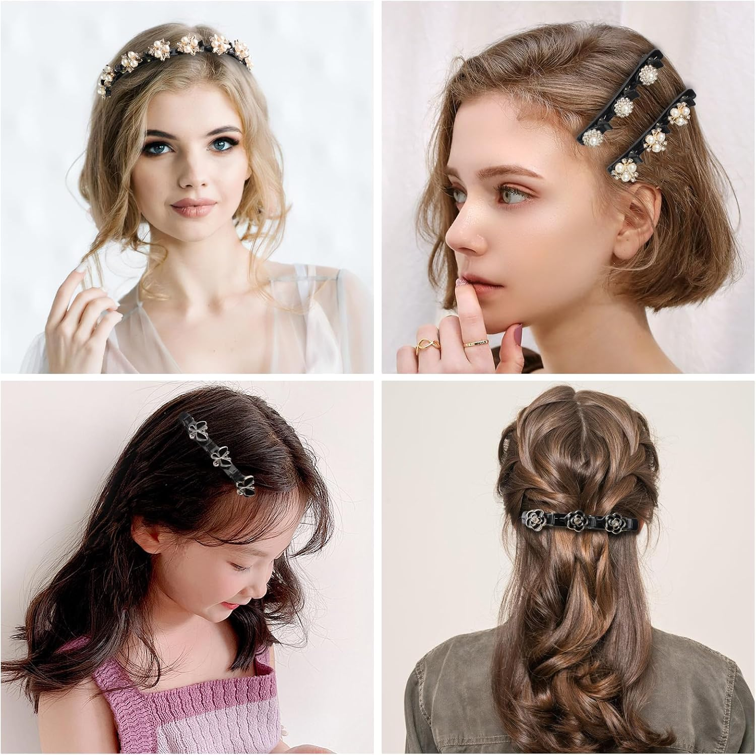 Pack of 5 Hair Clips with 3 Clips, Hummingbird Hair Clip with Pearl Sparkling, Double Layer Braided Hair Clip for Women, Girls, Children, 1 Headband with Clips image number 5