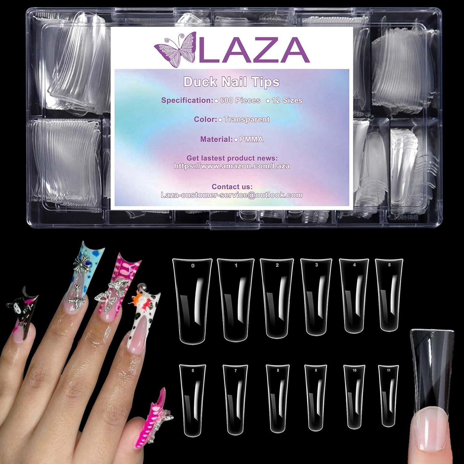 Laza 600Pcs Long Duck Nail Tips, 12 Sizes, Boxed in Box, Clear Duck Nails, Full Coverage, Wide Nail Tips, French False Nail Tips for D Tips image number 1