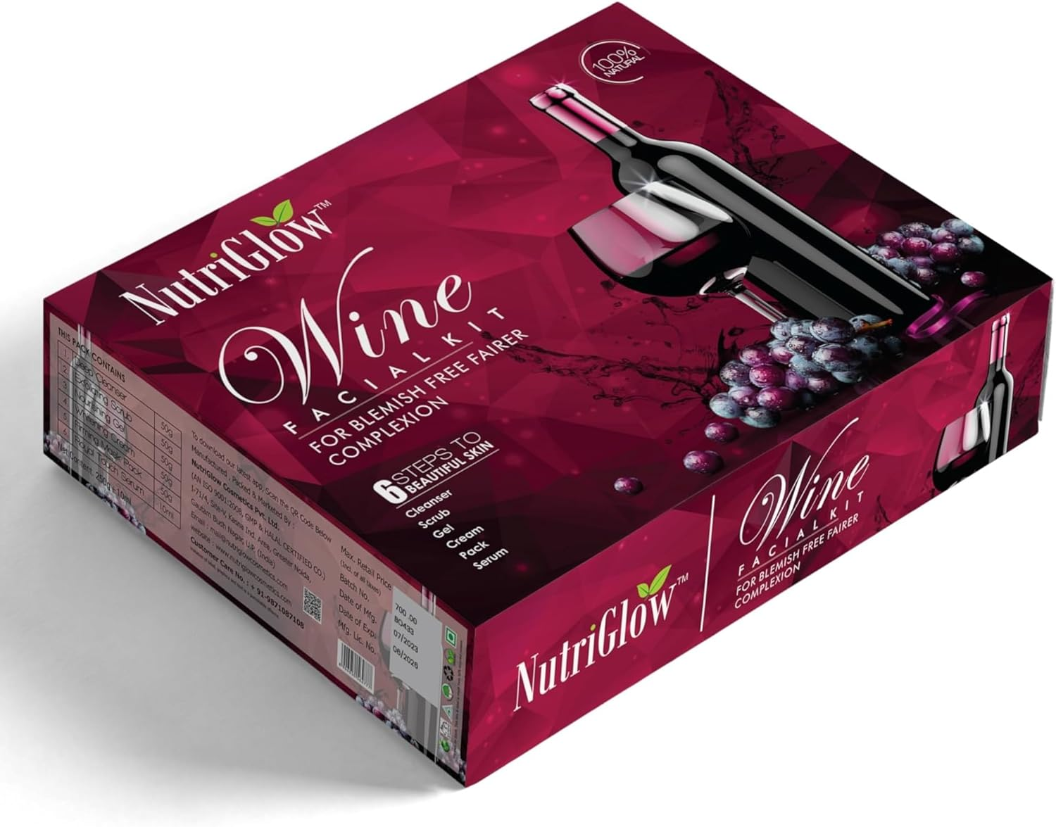 Nutriglow Wine Facial Kit 6-Pieces Skin Care Set with Deep Cleanser, Exfoliating Scrub, Nourishing Gel, Whitening Cream, Mask Pack and Face Serum for anti Aging Skin Care Kit for Women(250Gm+10Ml) image number 1