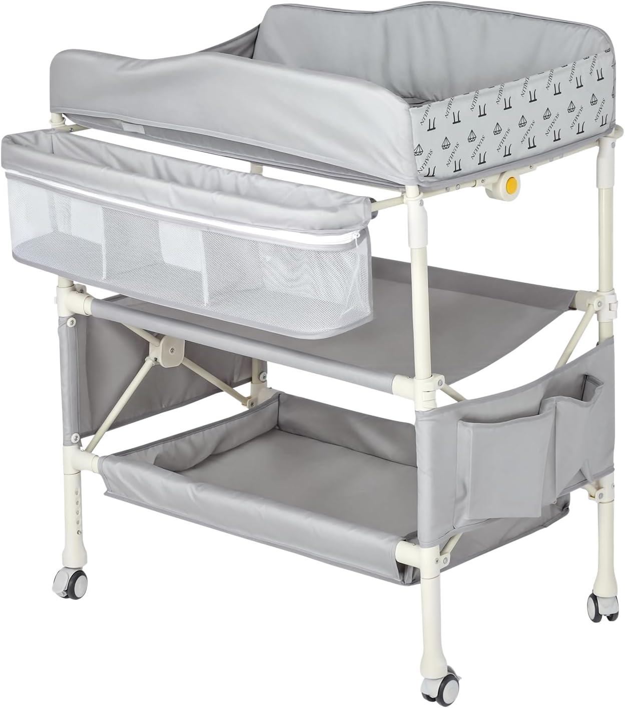 Baby Changing Table, 4-In-1 Infant Diaper Station with 4 Adjustable Height & Large Storage Basket, Foldable Nursery Organizer with 4 Lockable Wheels & Safety Belt for Toddler Newborn