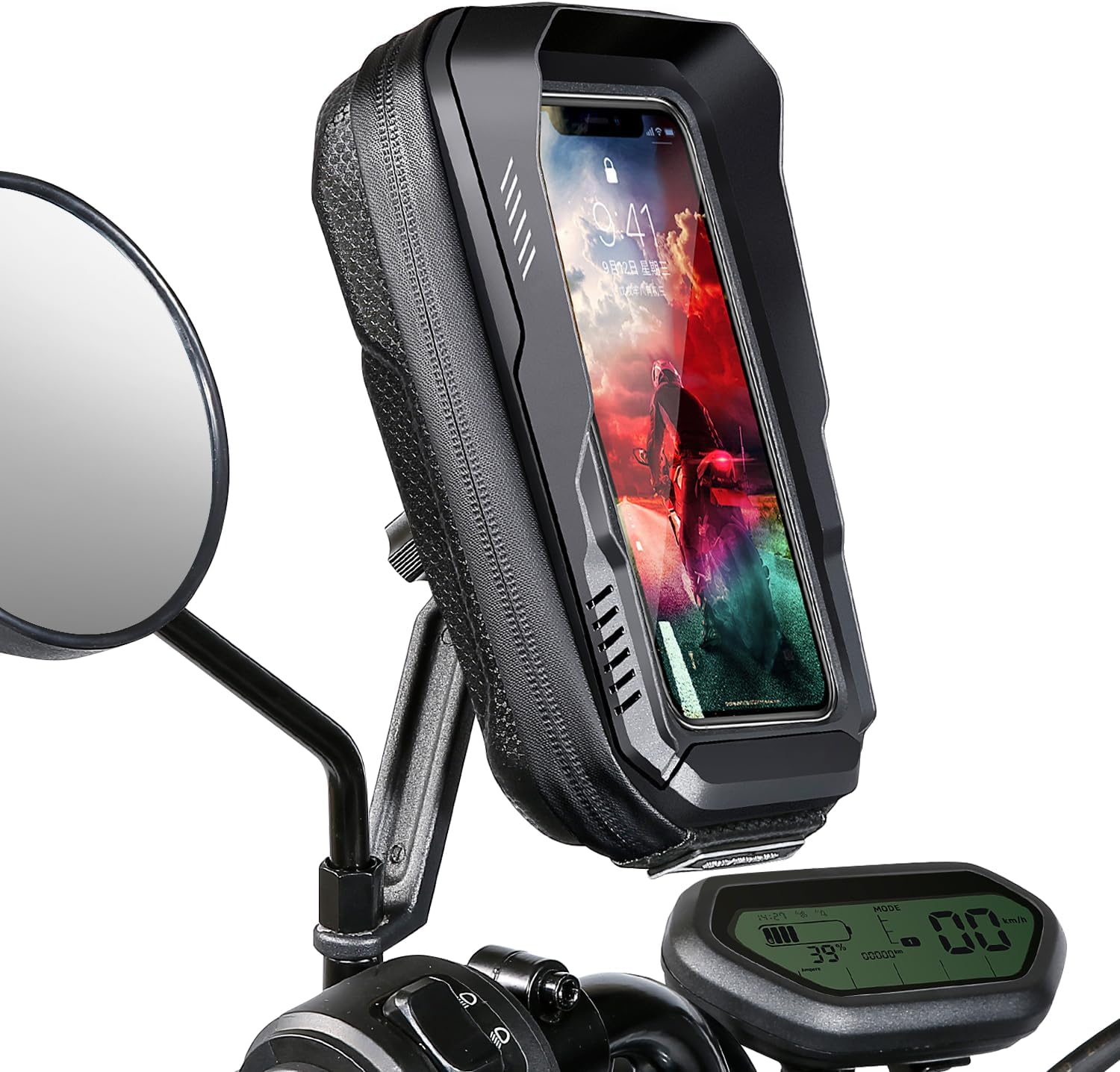 JUYANO Waterproof Motorcycle Phone Holder Aluminium Anti-Vibration 360&deg; Rotatable Touch Screen Universal Mobile Phone Holder Scooter Mirror for Smartphones up to 6.9 Inches image number 3