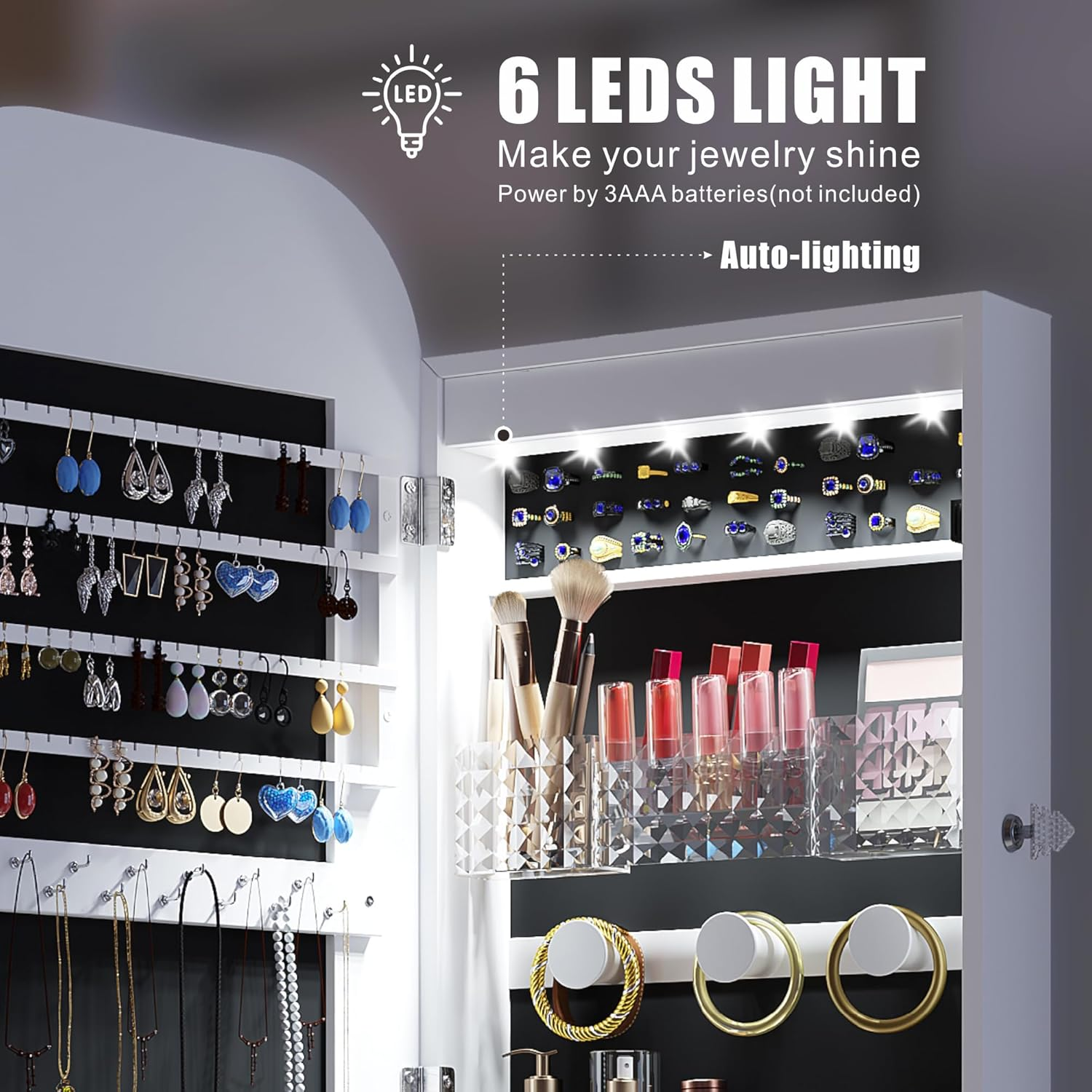 Dystler Mirror Jewelry Cabinet - Wall/Door Mounted Jewelry Armoire with Large Capacity - Lockable Tall Hanging Organizer - Cosmetic Storage & Gift Idea - White image number 5