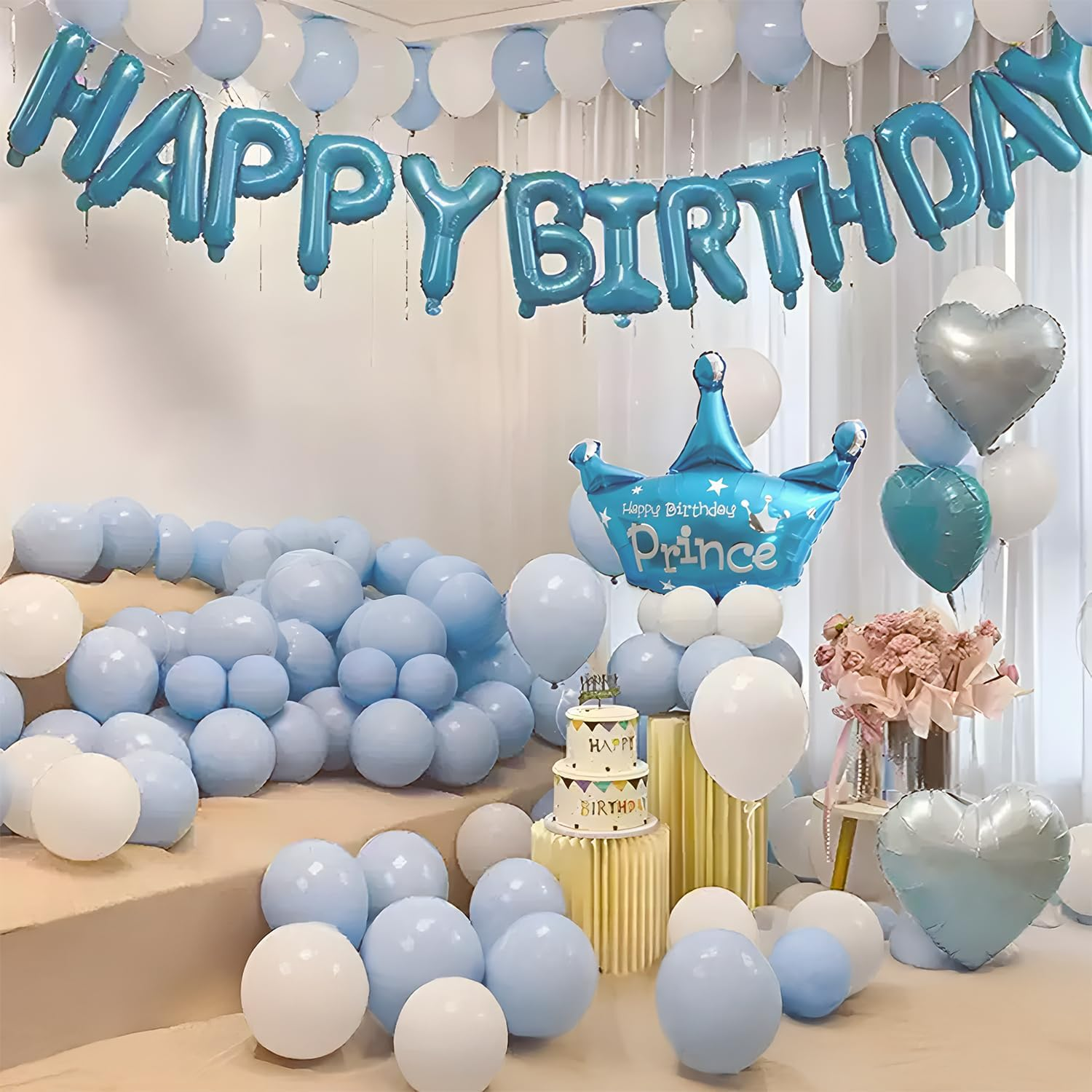 Birthday Balloon for Girls & Boys - Blue Happy Birthday Decorations Set with Crown, 45 Latex Balloons (15 White, 30 Light Blue), 3 Heart Foil Balloons (18"), Ribbon, Party Backdrop Kit image number 1