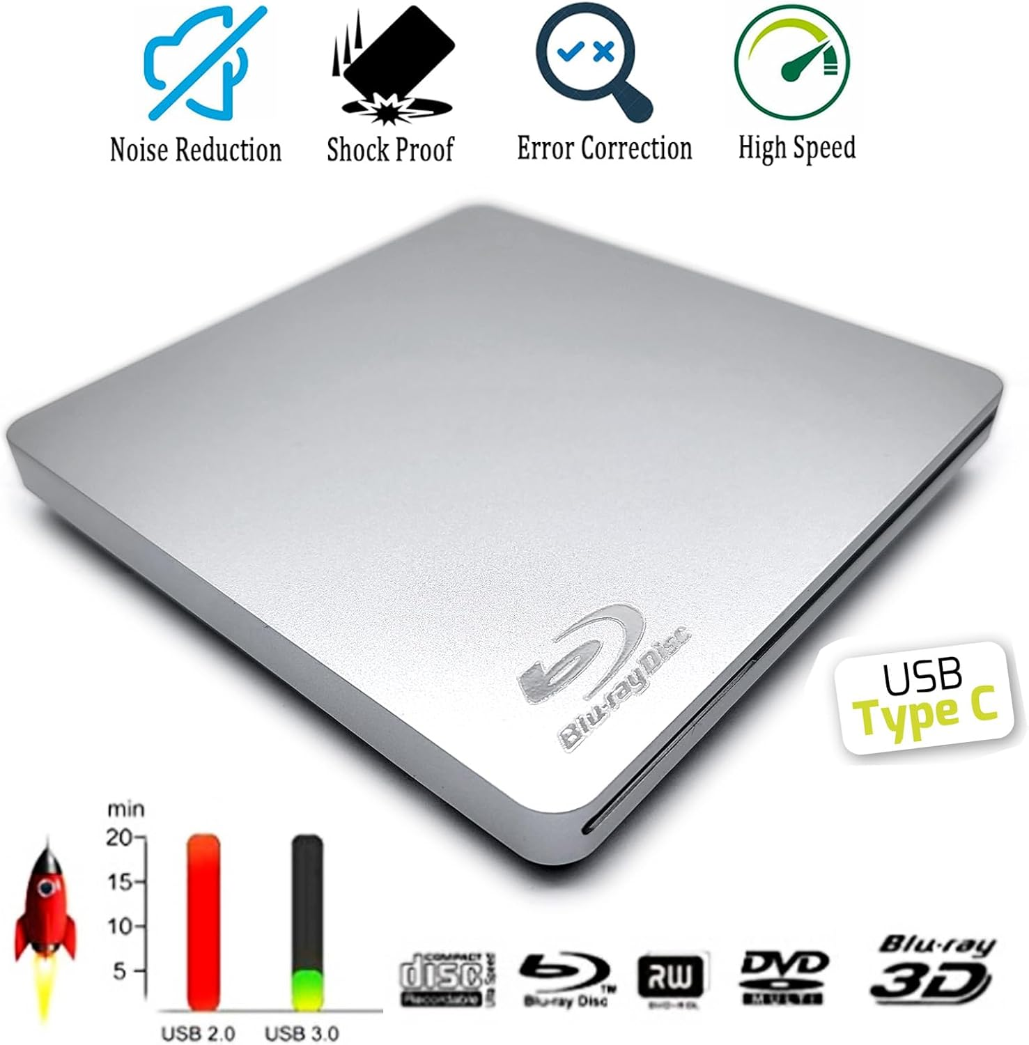 USB-C External USB Superdrive for Mac CD DVD BD Blu-Ray Burner Player, for Apple Macbook Pro M1 M3 14 2017 16 2020 2019 2023 2015 2022 2018 M2 Inch Laptop, BD-RE DL 8X DVD+-R/RW Optical Drive, Silver image number 6