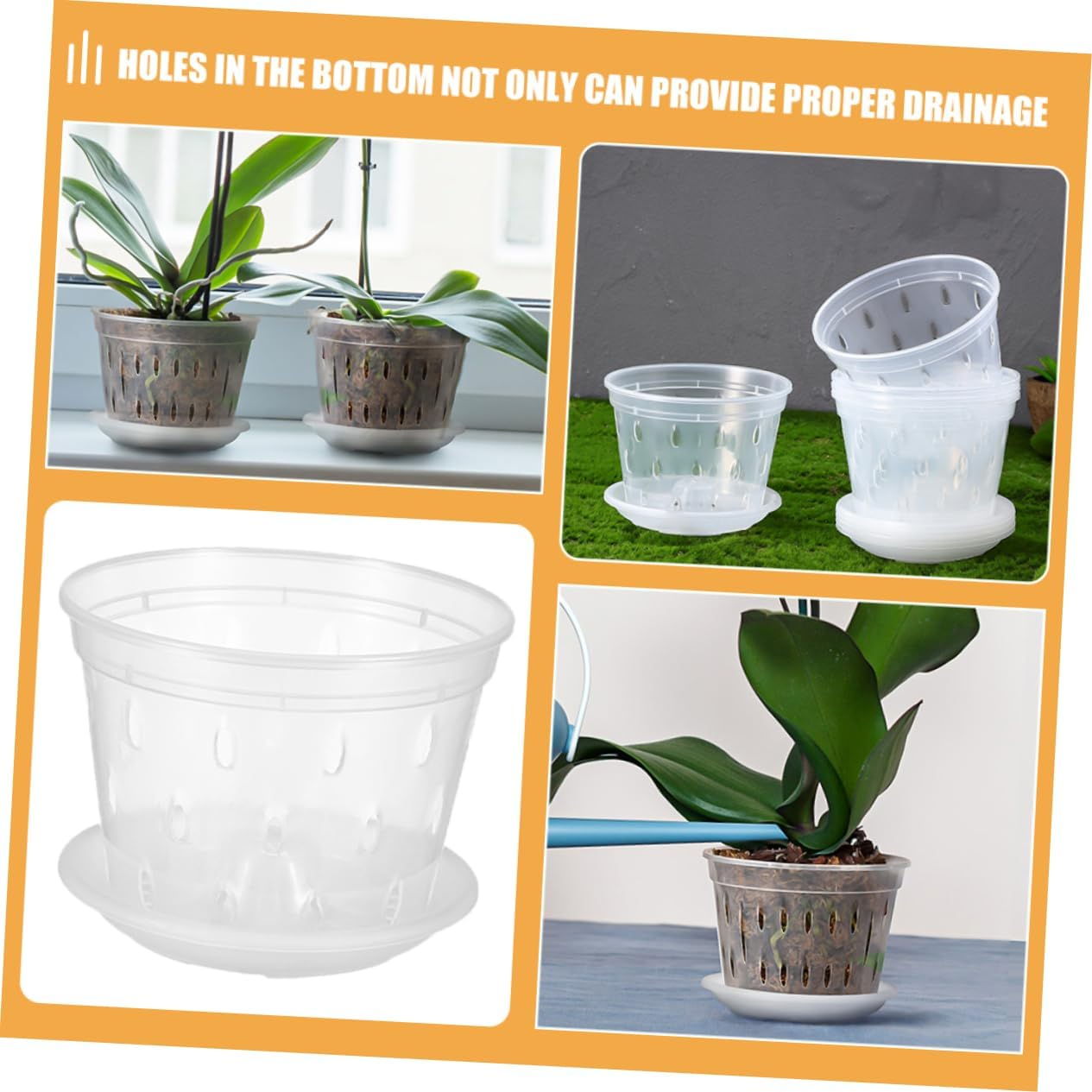 BEBEMOKO Plastic Orchid Pots Holes and Trays for Indoor and Outdoor Gardening, Breathable round Nursery Plant Containers 5Pcs Set Drainage for Orchids image number 5